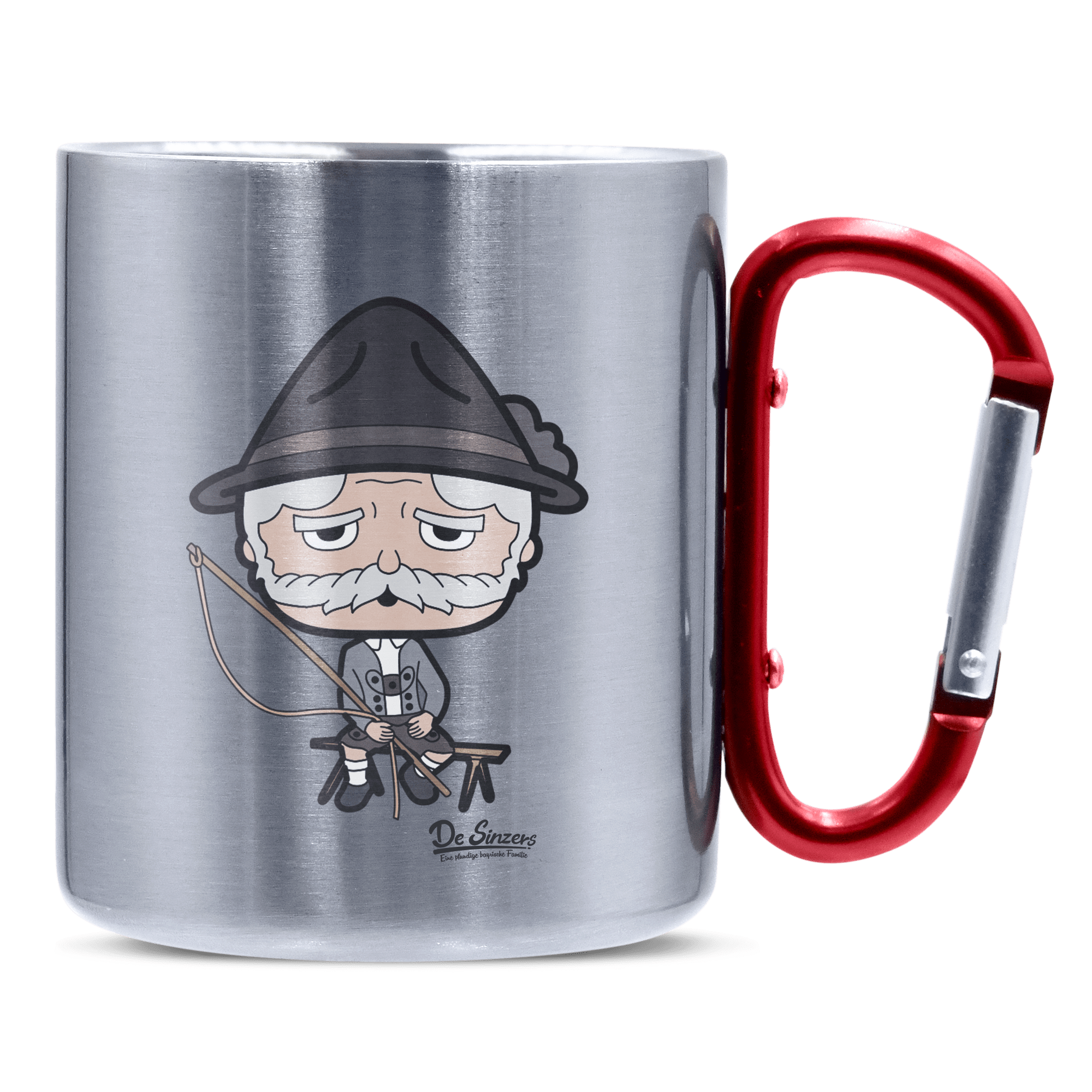 Da Oid Sinzer Goaßlschnoizer Edelstahl Kaffeetasse roter Karabiner 320ml Kitzstein Front