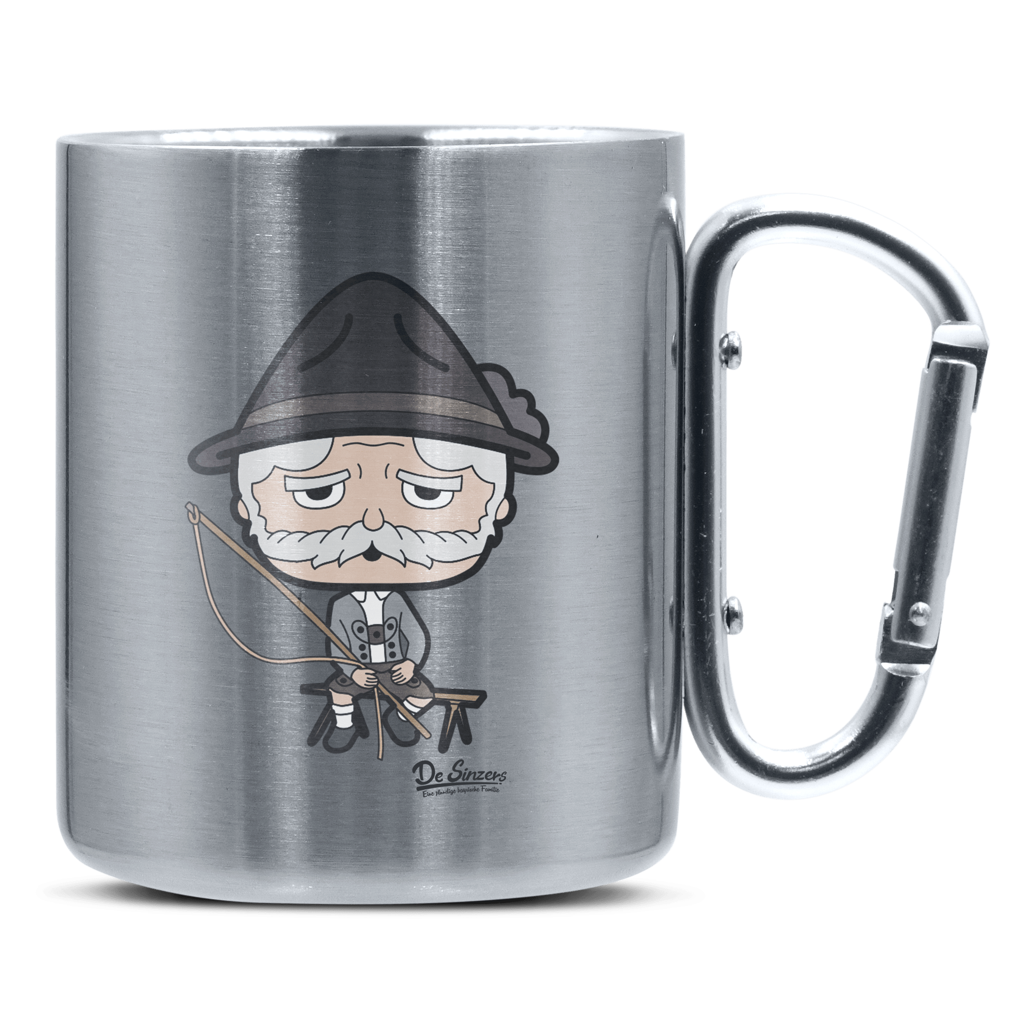 Da Oid Sinzer Goaßlschnoizer Edelstahl Kaffeetasse silberer Karabiner 320ml Grosser Traithen Front