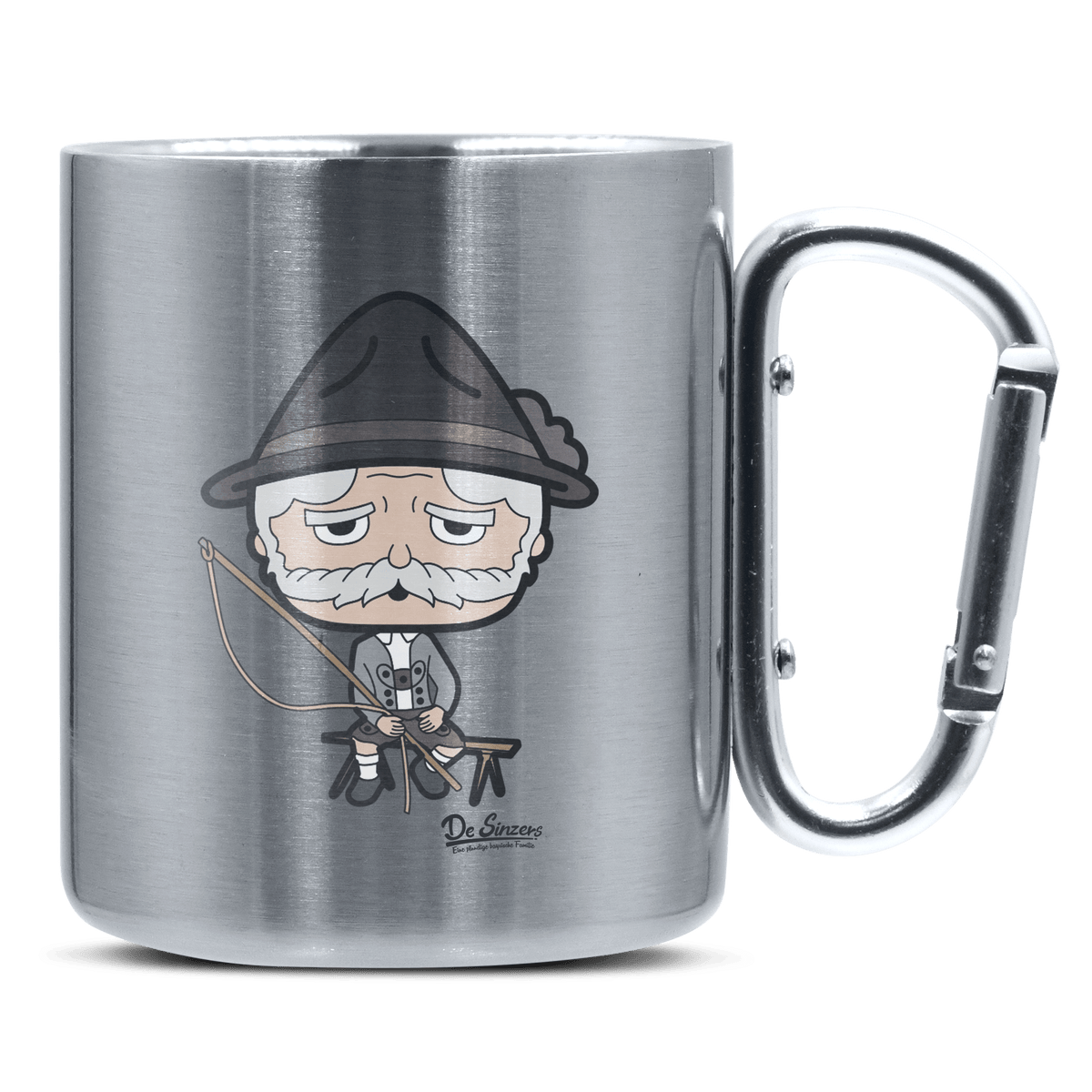 Da Oid Sinzer Goaßlschnoizer Edelstahl Kaffeetasse silberer Karabiner 320ml Grosser Traithen Front