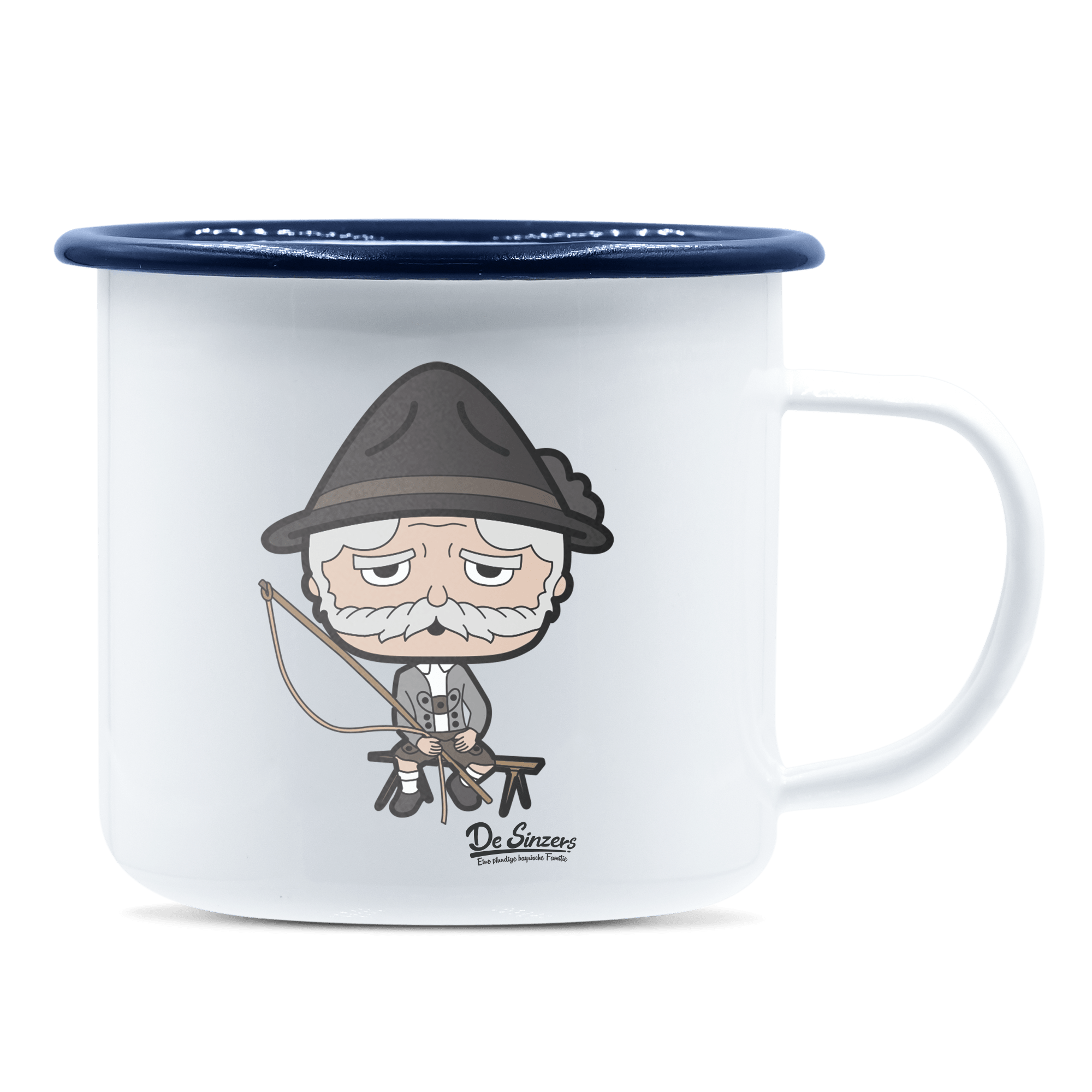 Da Oid Sinzer Goasslschnoizer Emaille Tasse 375ml Weiss Blau Heuberg Front