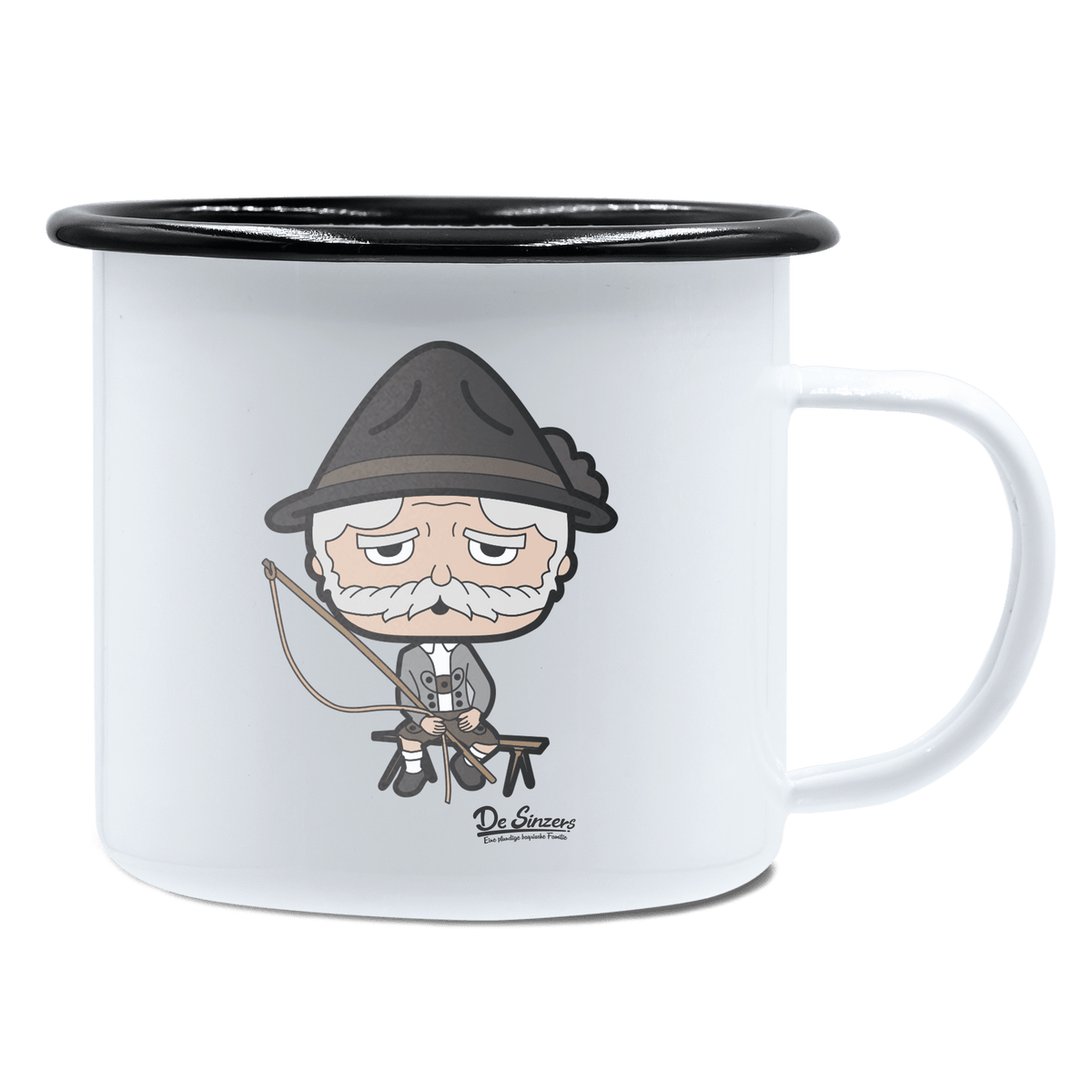 Da Oid Sinzer Goasslschnoizer Emaille Tasse 450ml Weiss Schwarz Spitzstein Front