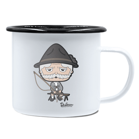 Da Oid Sinzer Goasslschnoizer Emaille Tasse 450ml Weiss Schwarz Spitzstein Front