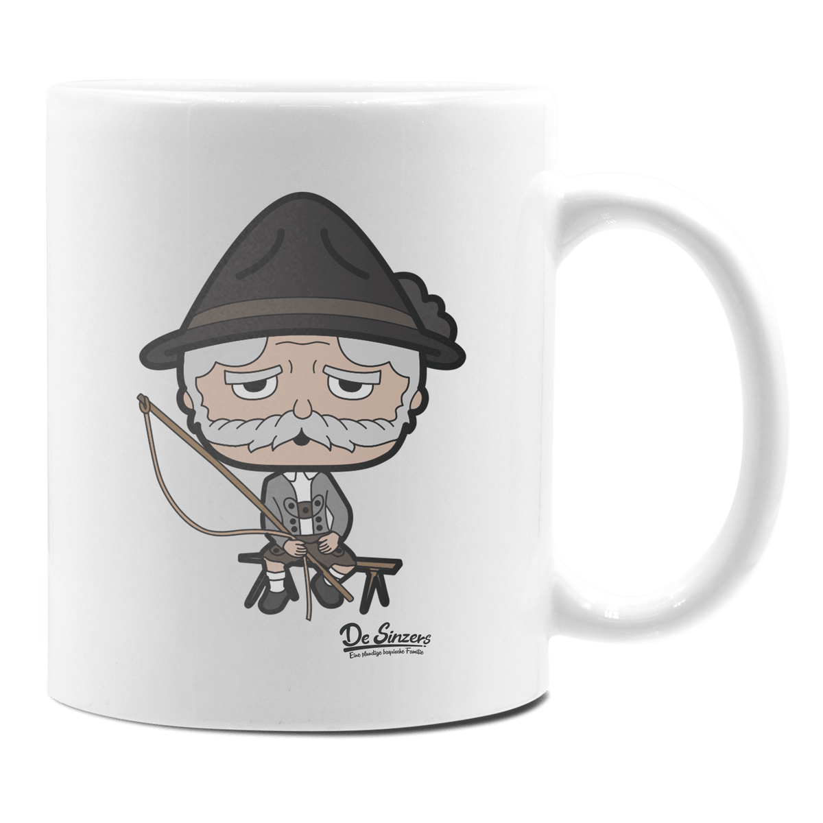 Da Oid Sinzer Goaßlschnoizer Keramik Kaffeetasse 330ml Weiss Rampoldplatte Front