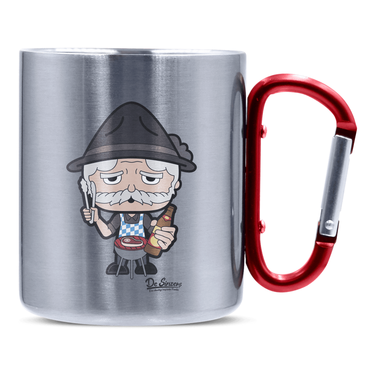 Da Oid Sinzer Griller Edelstahl Kaffeetasse roter Karabiner 320ml Kitzstein Front 1