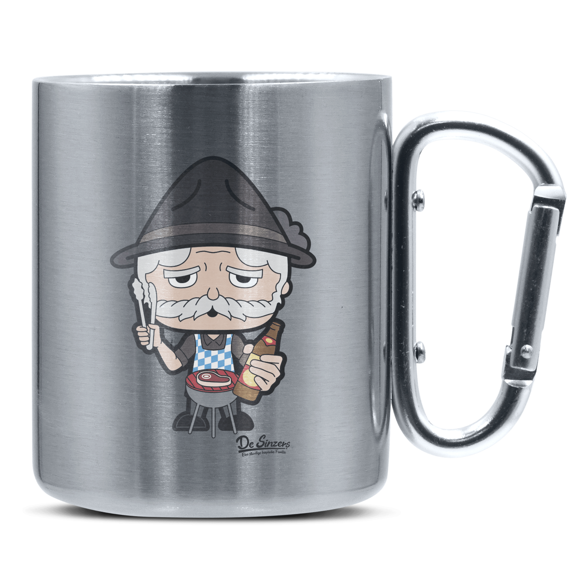 Da Oid Sinzer Griller Edelstahl Kaffeetasse silberer Karabiner 320ml Grosser Traithen Front