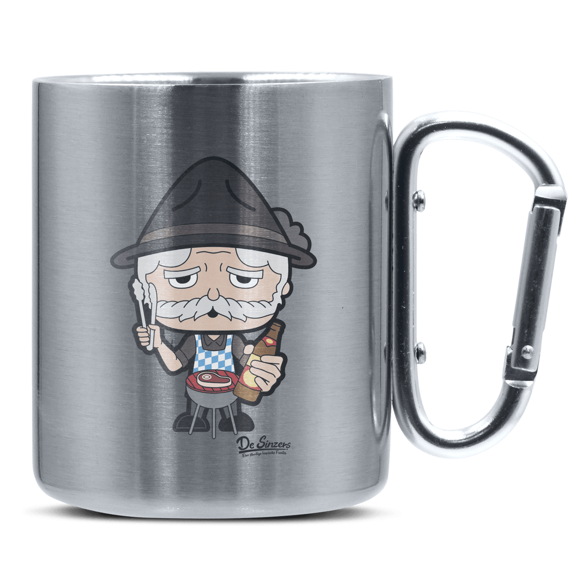 Da Oid Sinzer Griller Edelstahl Kaffeetasse silberer Karabiner 320ml Grosser Traithen Front