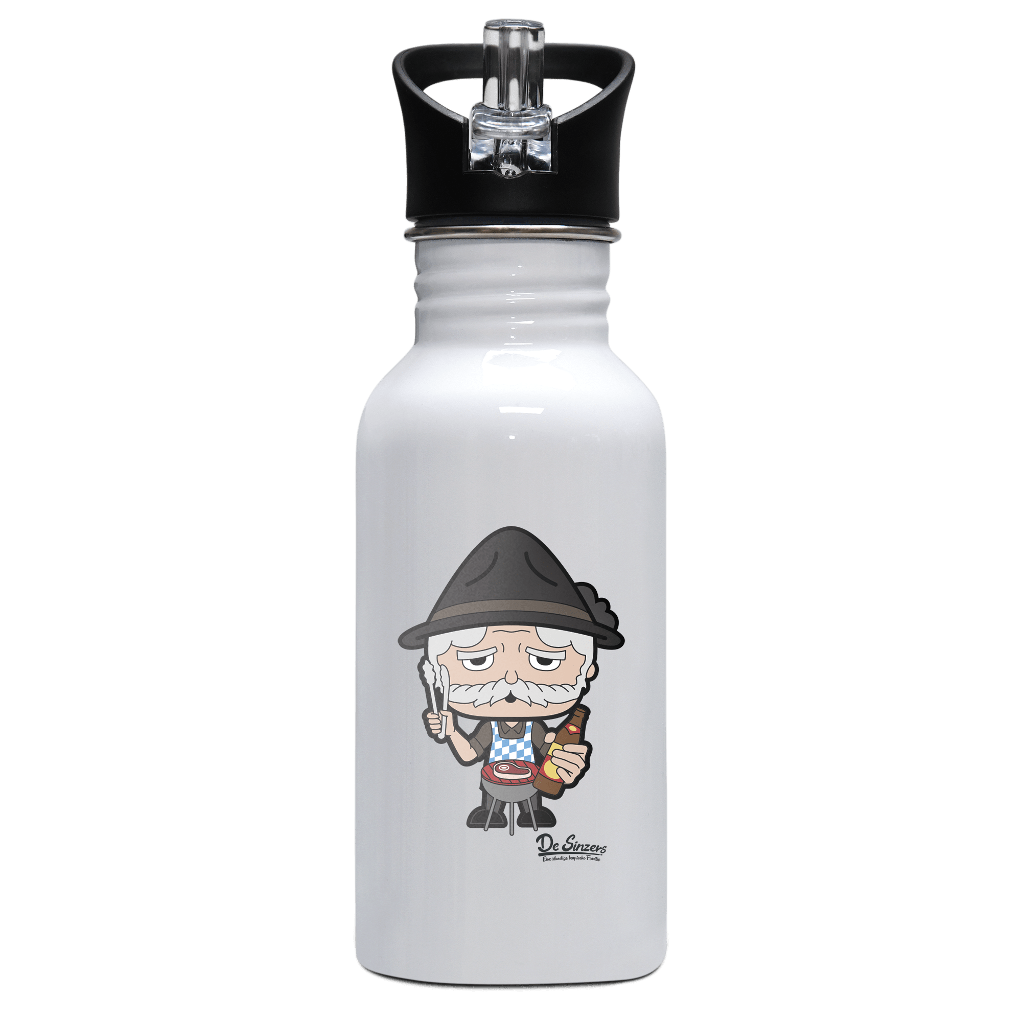Da Oid Sinzer Griller Edelstahl Trinkflasche mit klappbarem Mundstueck 500ml Weiss Rotwand Front