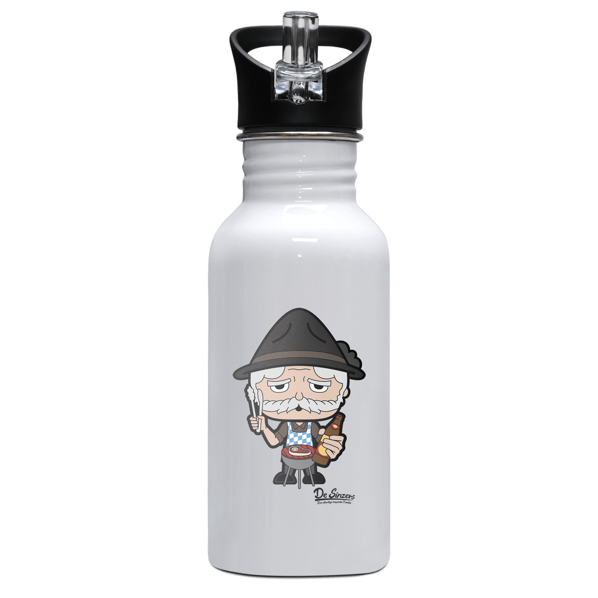 Da Oid Sinzer Griller Edelstahl Trinkflasche mit klappbarem Mundstueck 500ml Weiss Rotwand Front