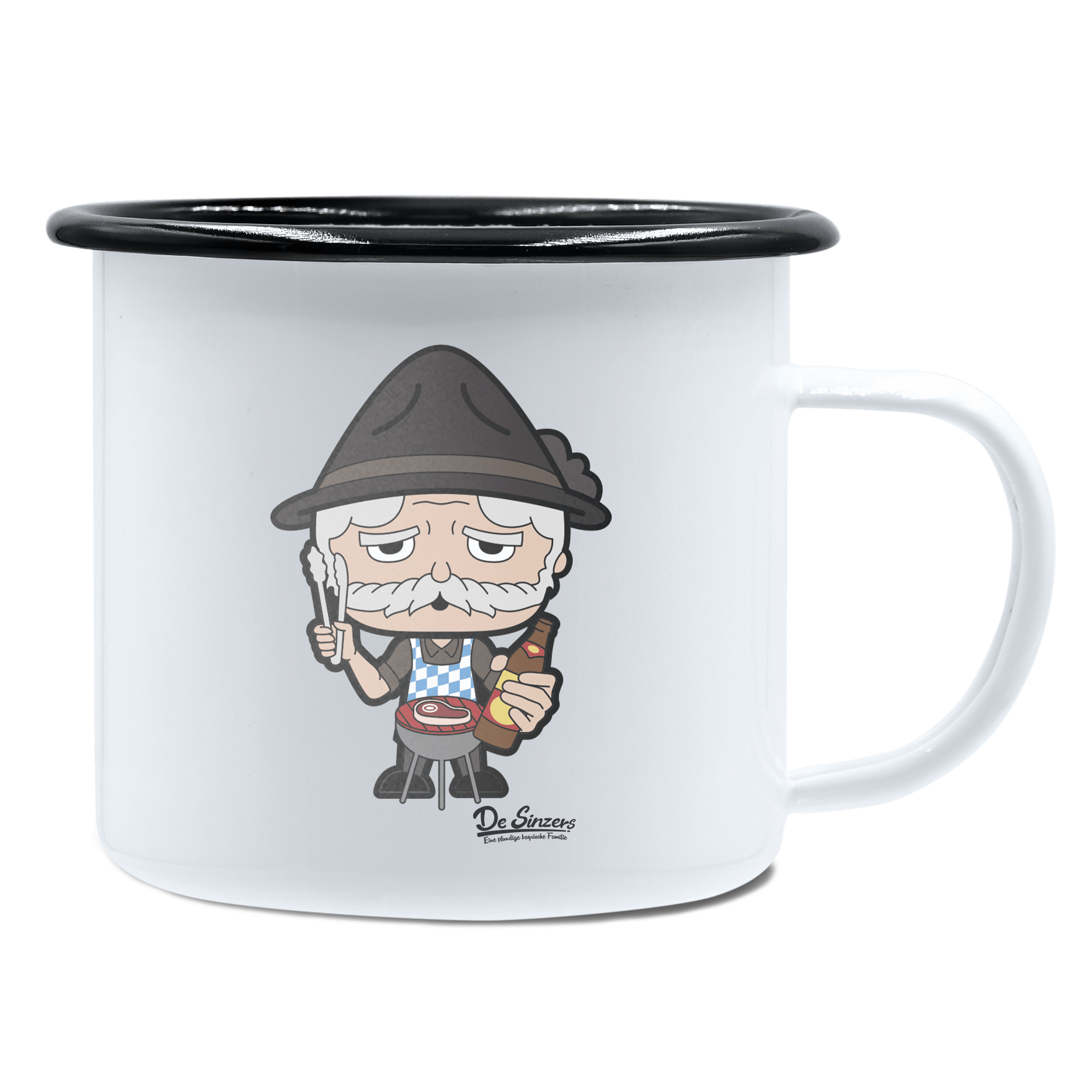 Da Oid Sinzer Griller Emaille Tasse 450ml Weiss Schwarz Spitzstein Front