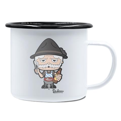 Da Oid Sinzer Griller Emaille Tasse 450ml Weiss Schwarz Spitzstein Front