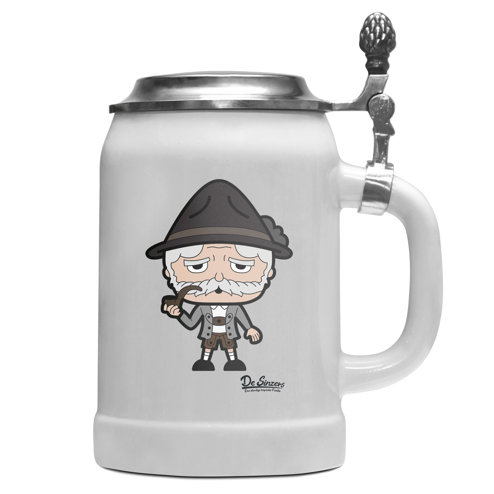 Da Oid Sinzer Grundfiguren Bierkrug 500ml Weiss mit Deckel Wetterspitzen Front