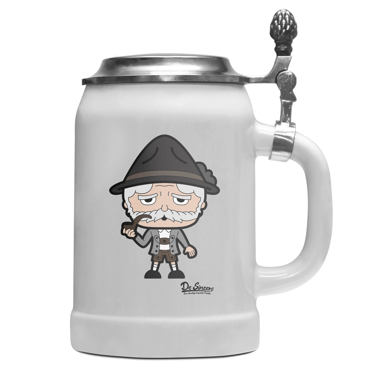 Da Oid Sinzer Grundfiguren Bierkrug 500ml Weiss mit Deckel Wetterspitzen Front