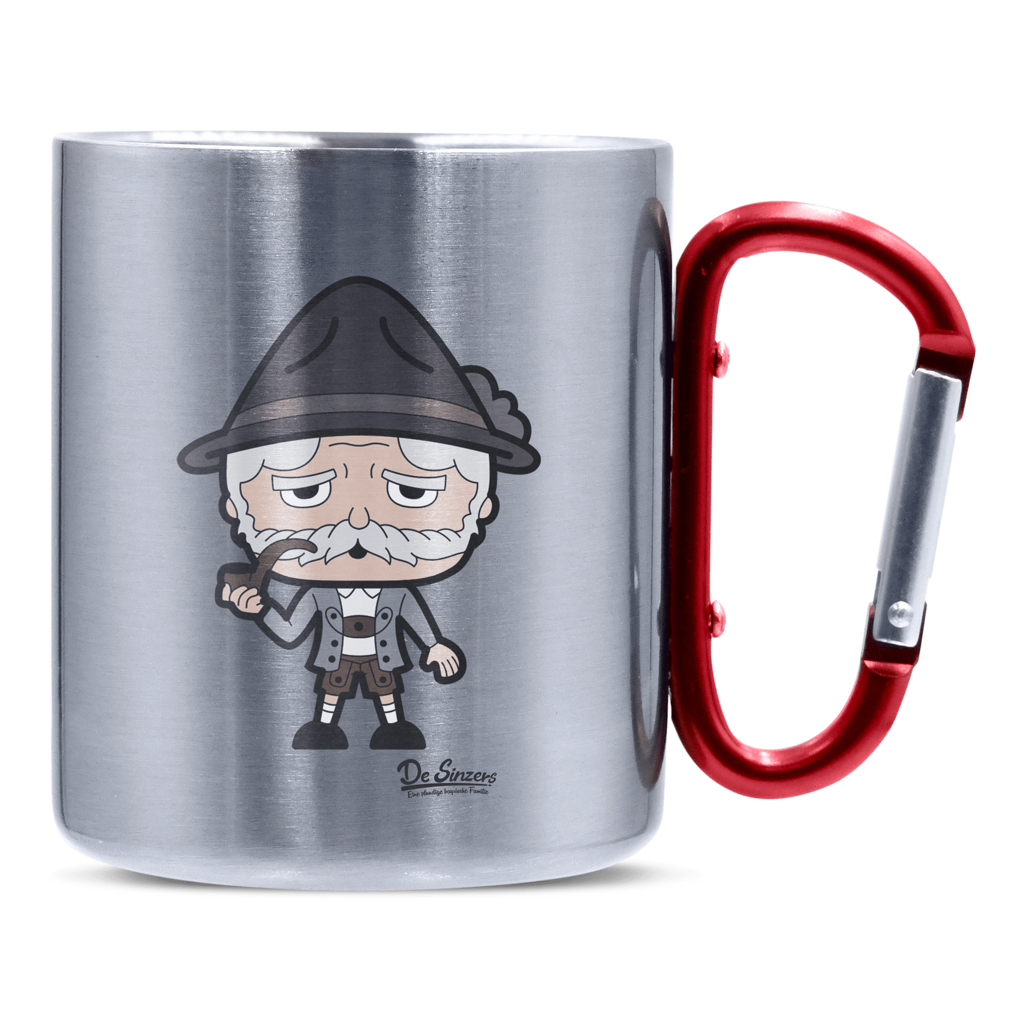 Da Oid Sinzer Grundfiguren Edelstahl Kaffeetasse roter Karabiner 320ml Kitzstein Front
