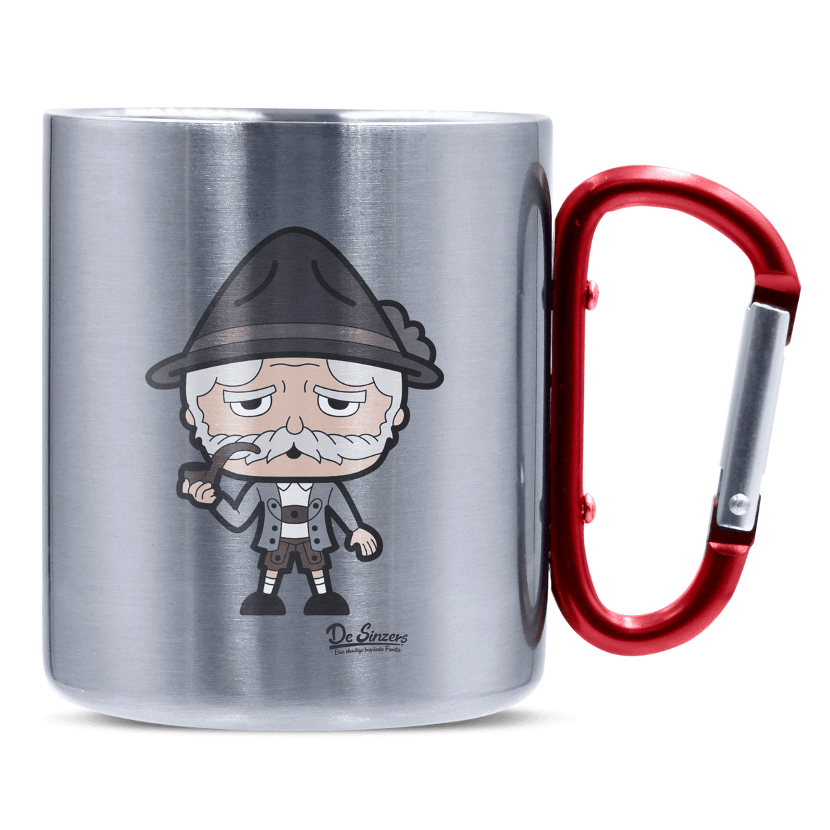 Da Oid Sinzer Grundfiguren Edelstahl Kaffeetasse roter Karabiner 320ml Kitzstein Front