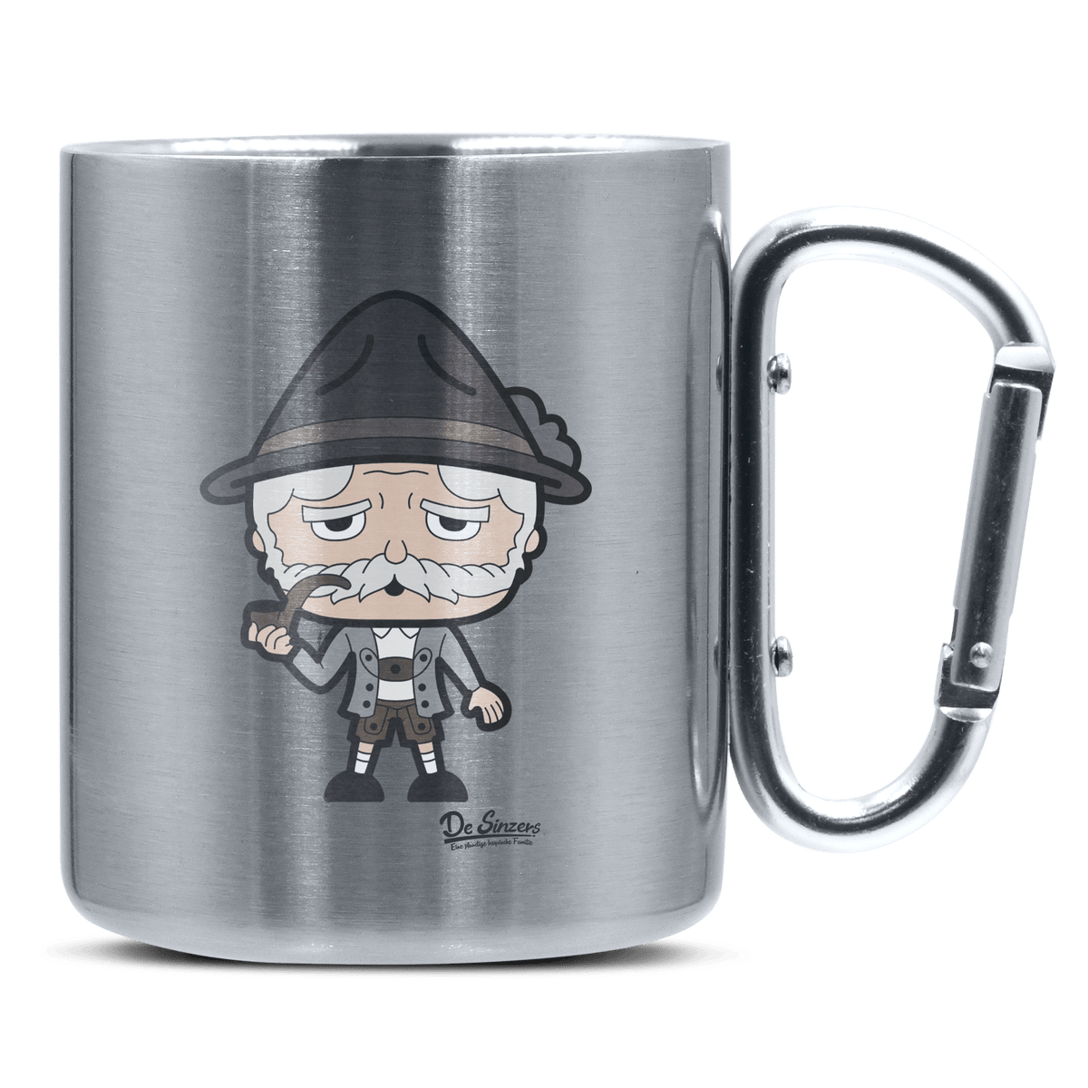 Da Oid Sinzer Grundfiguren Edelstahl Kaffeetasse silberer Karabiner 320ml Grosser Traithen Front