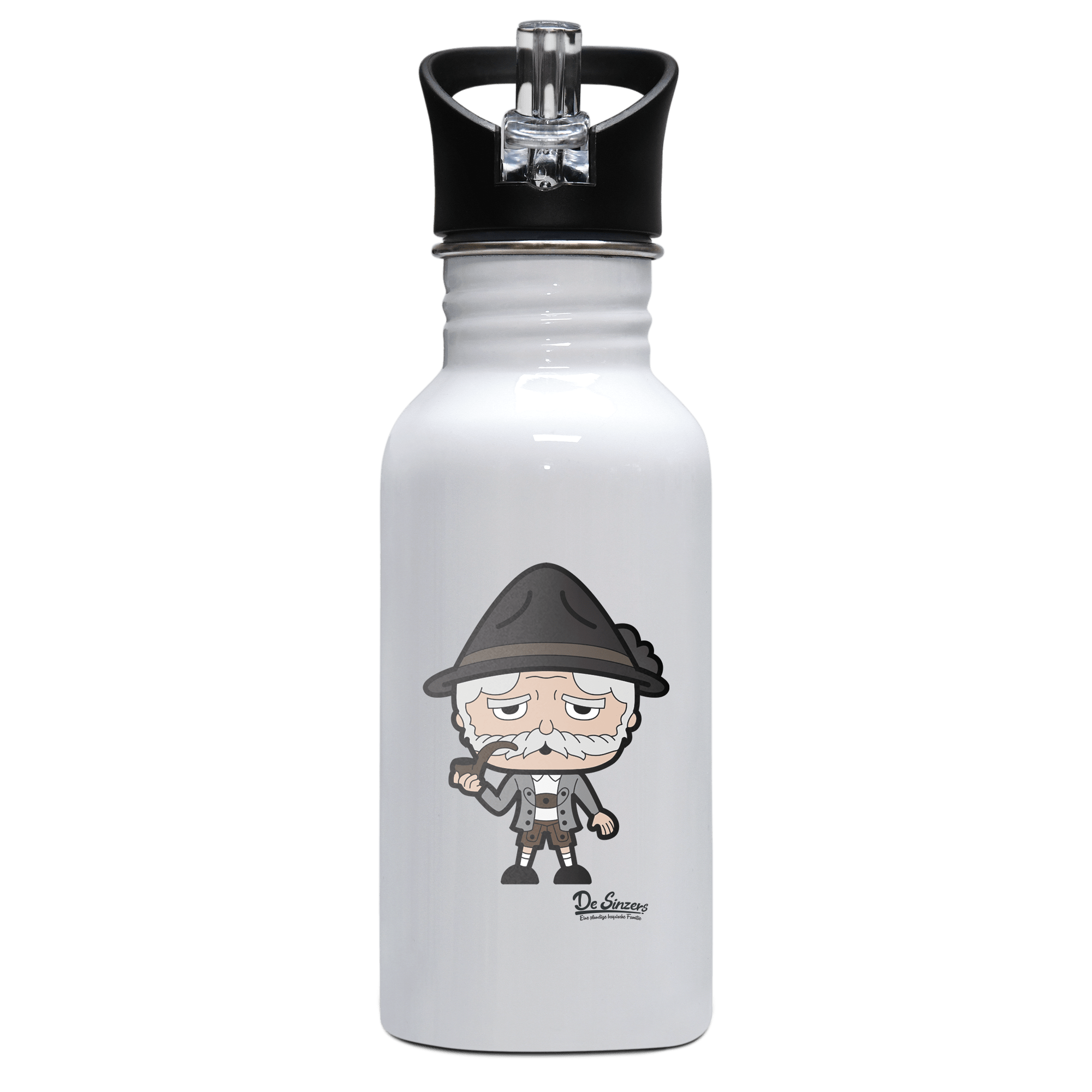 Da Oid Sinzer Grundfiguren Edelstahl Trinkflasche mit klappbarem Mundstueck 500ml Weiss Rotwand Front