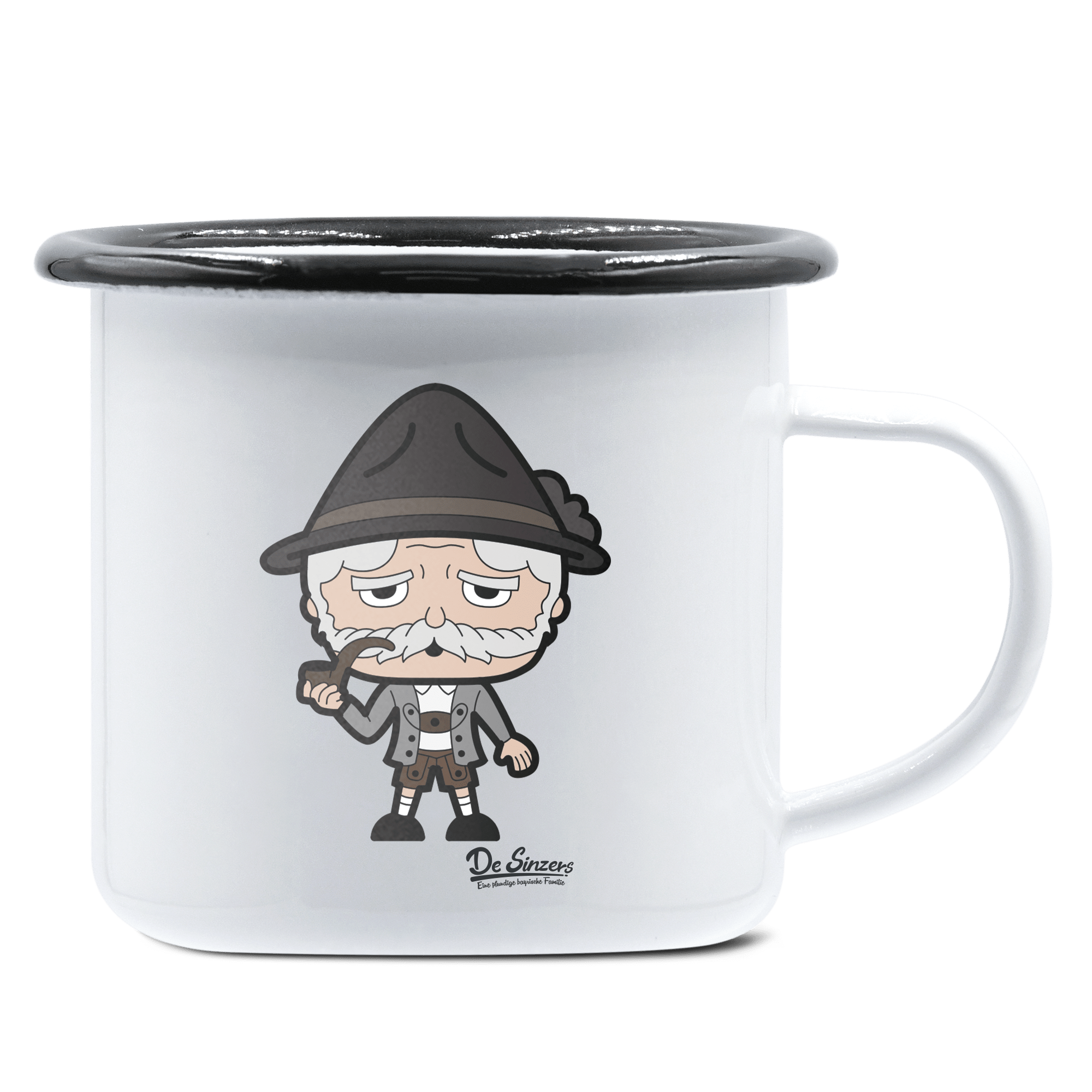 Da Oid Sinzer Grundfiguren Emaille Tasse 375ml Weiss Schwarz Hochries Front