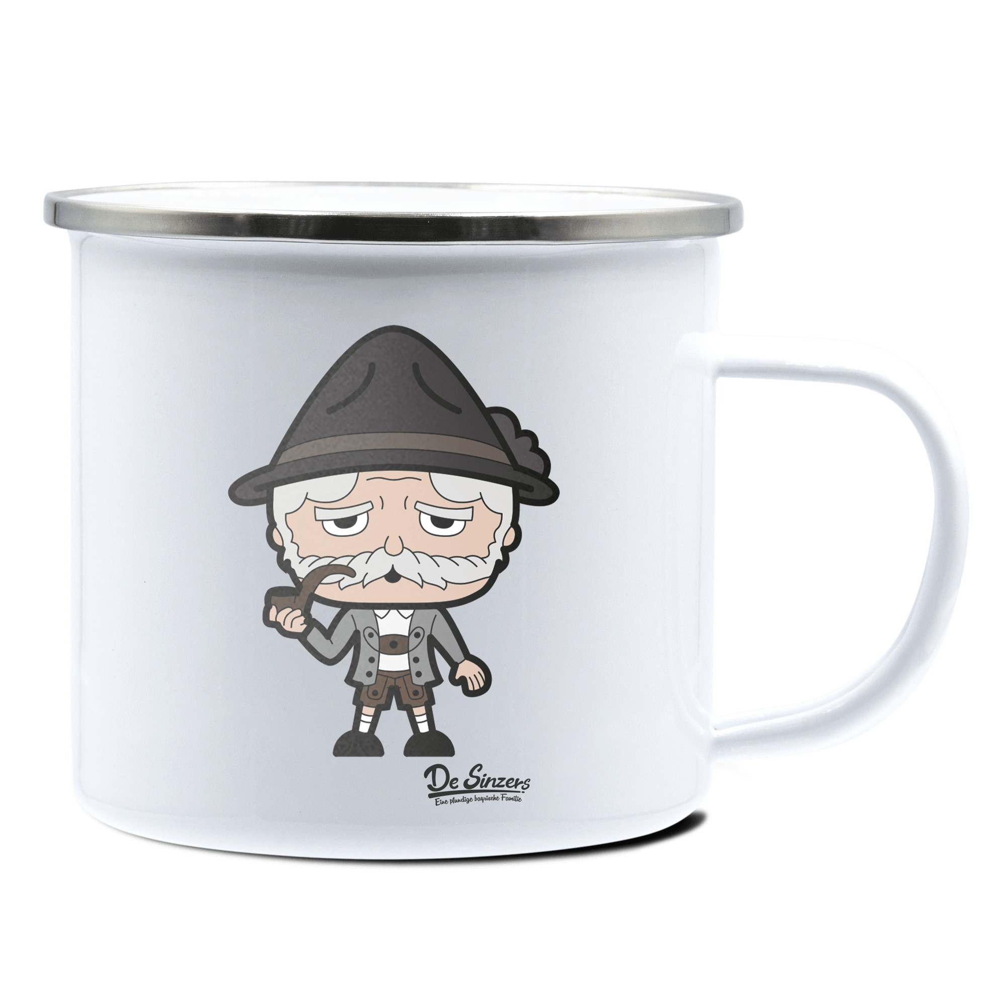 Da Oid Sinzer Grundfiguren Emaille Tasse 375ml Weiss Silber Kampenwand Front