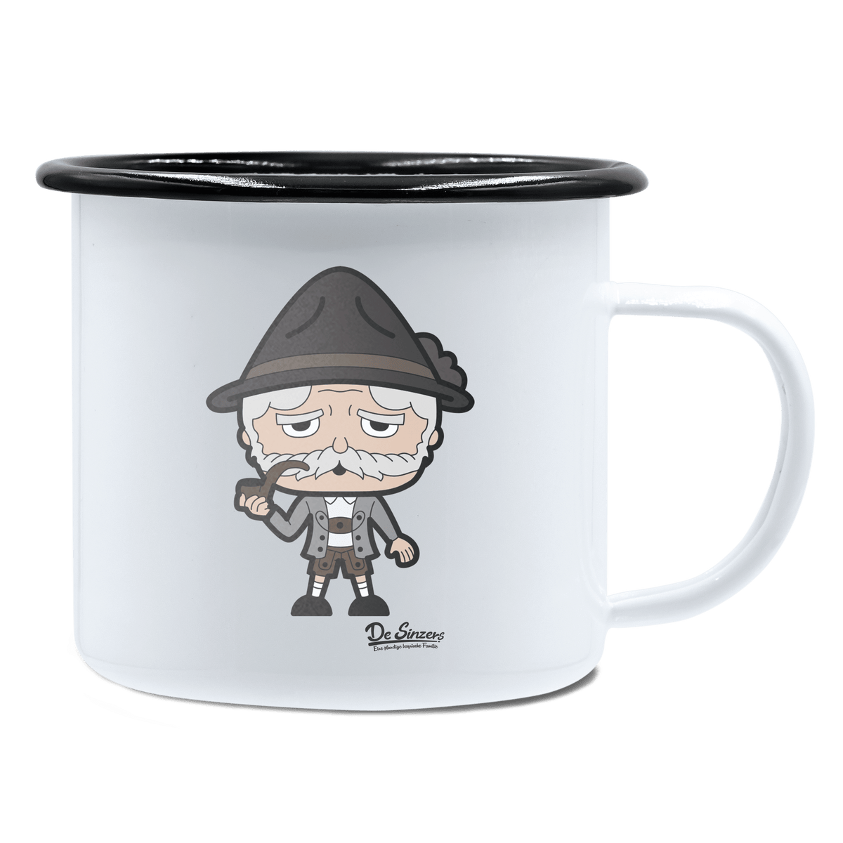 Da Oid Sinzer Grundfiguren Emaille Tasse 450ml Weiss Schwarz Spitzstein Front