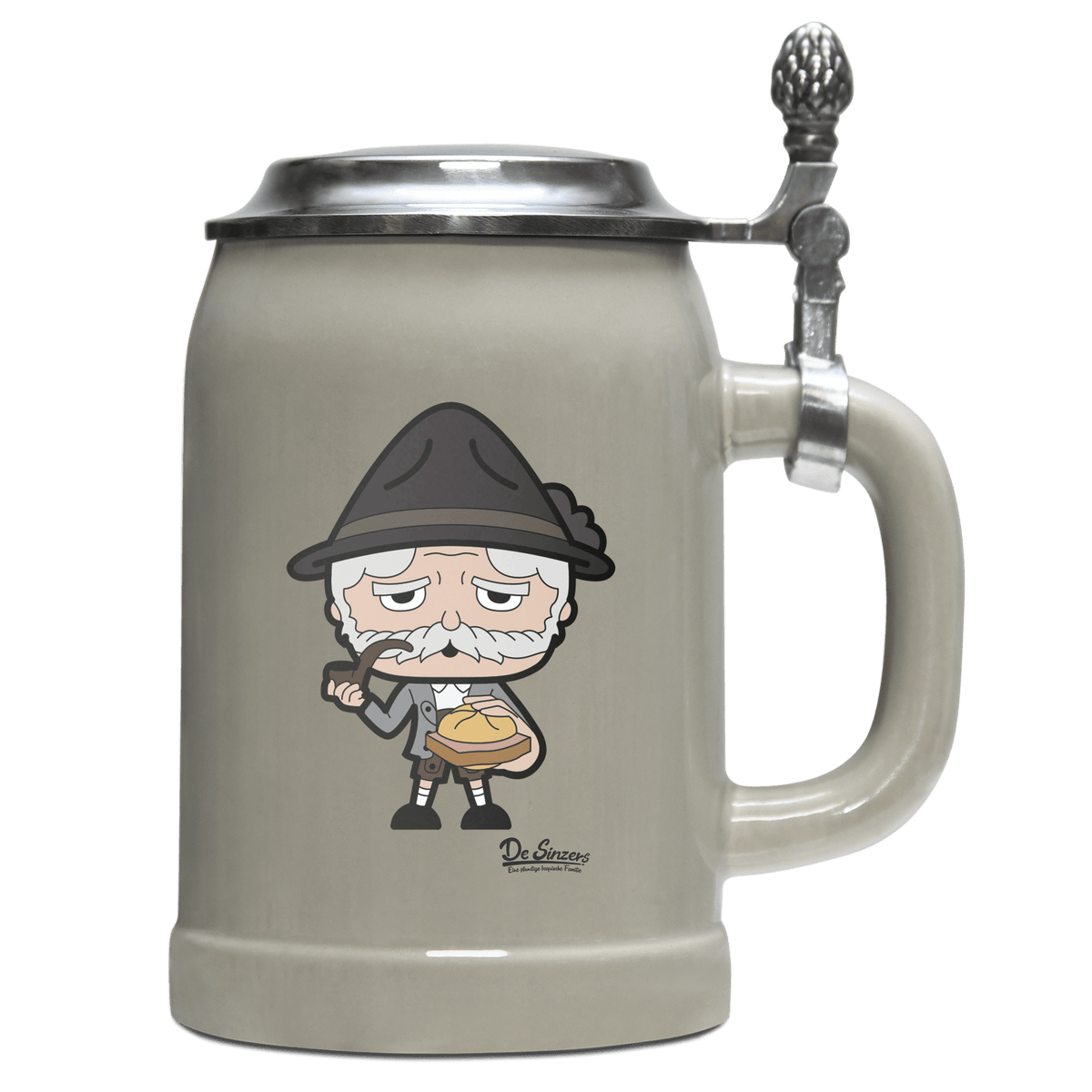 Da Oid Sinzer Leberkassemmel Bierkrug 500ml Grau mit Deckel Hocheck Front