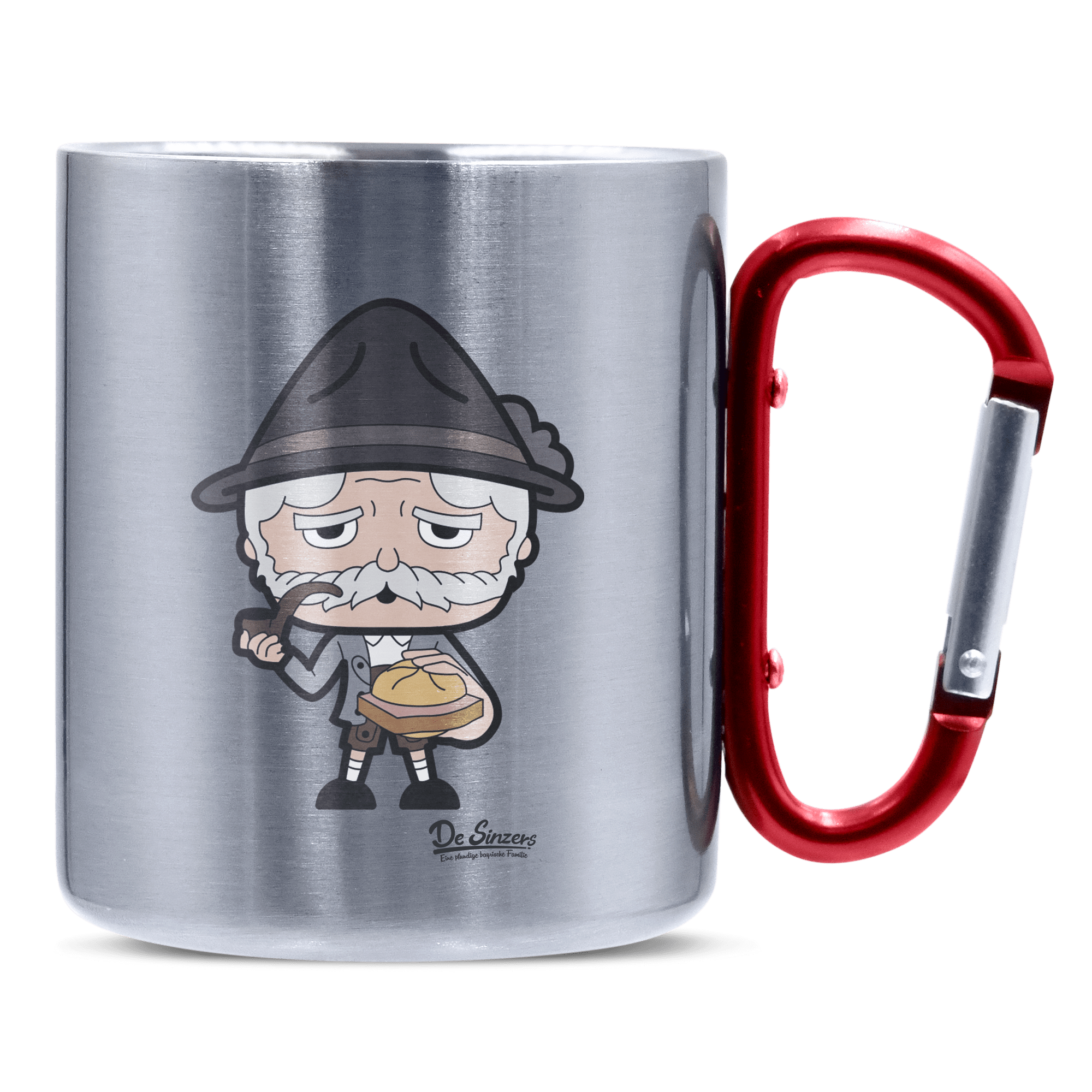 Da Oid Sinzer Leberkassemmel Edelstahl Kaffeetasse roter Karabiner 320ml Kitzstein Front