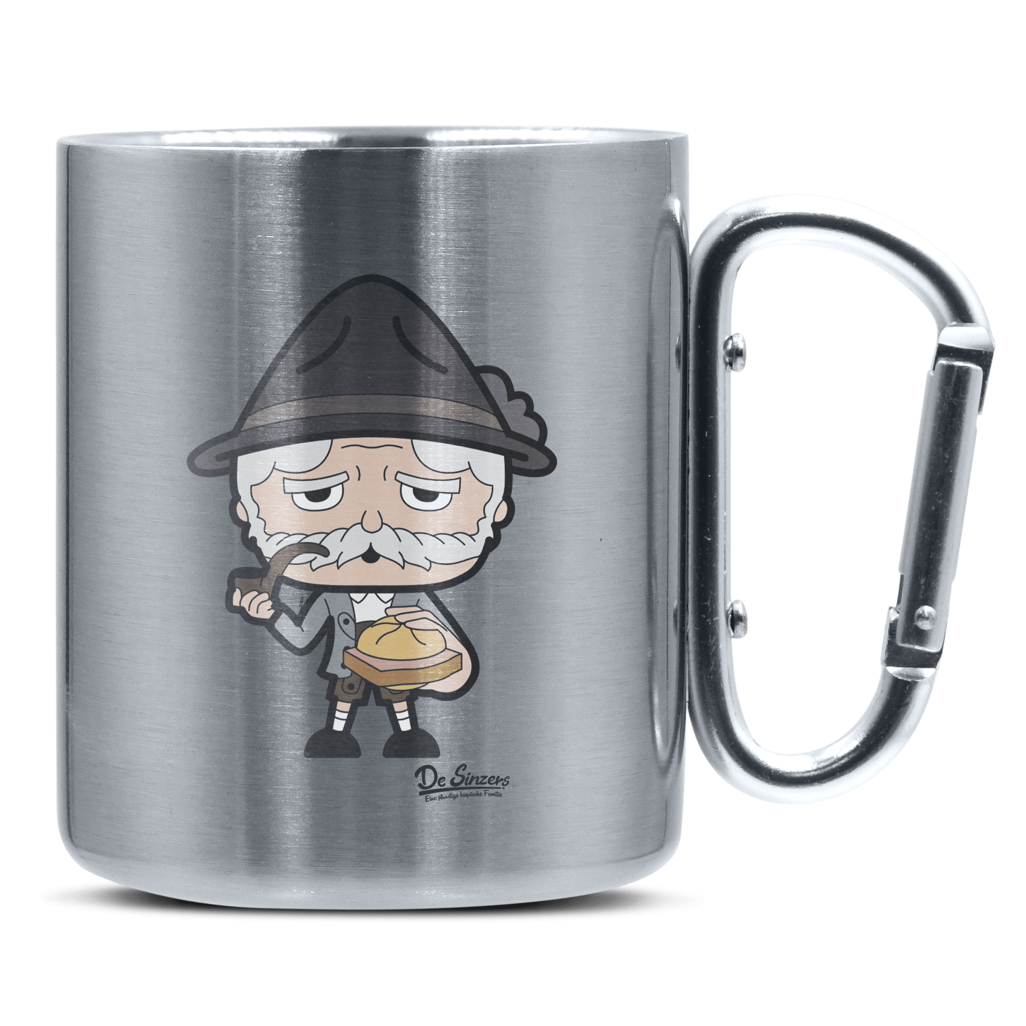 Da Oid Sinzer Leberkassemmel Edelstahl Kaffeetasse silberer Karabiner 320ml Grosser Traithen Front