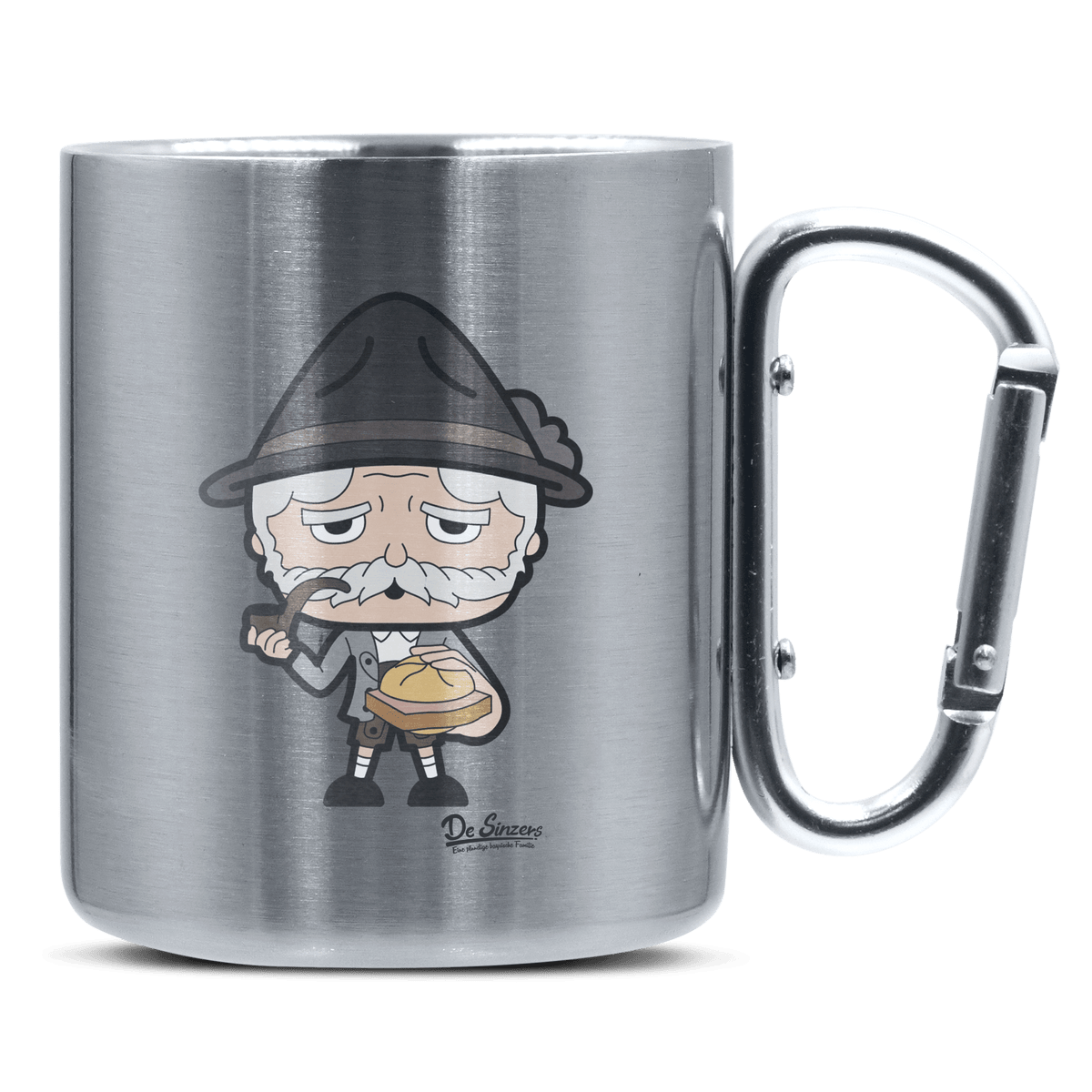 Da Oid Sinzer Leberkassemmel Edelstahl Kaffeetasse silberer Karabiner 320ml Grosser Traithen Front