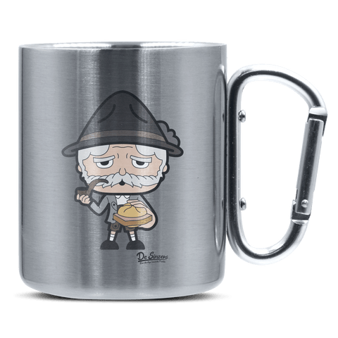 Da Oid Sinzer Leberkassemmel Edelstahl Kaffeetasse silberer Karabiner 320ml Grosser Traithen Front