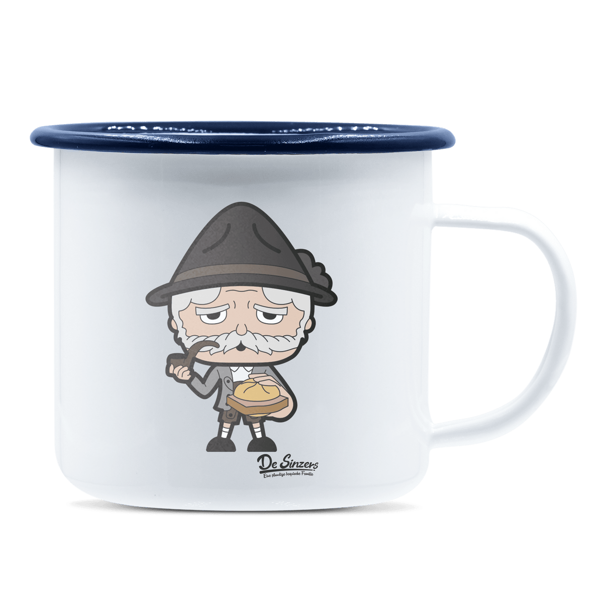 Da Oid Sinzer Leberkassemmel Emaille Tasse 375ml Weiss Blau Heuberg Front