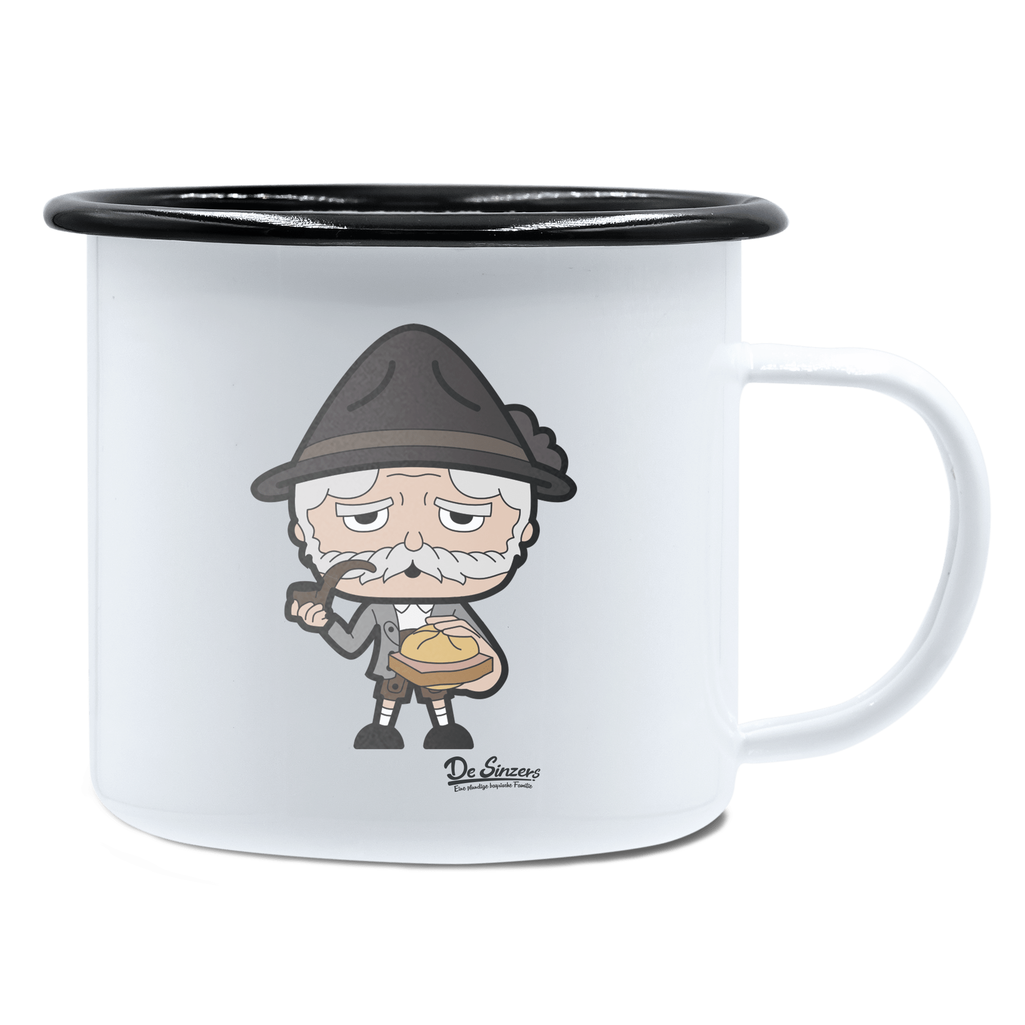 Da Oid Sinzer Leberkassemmel Emaille Tasse 450ml Weiss Schwarz Spitzstein Front