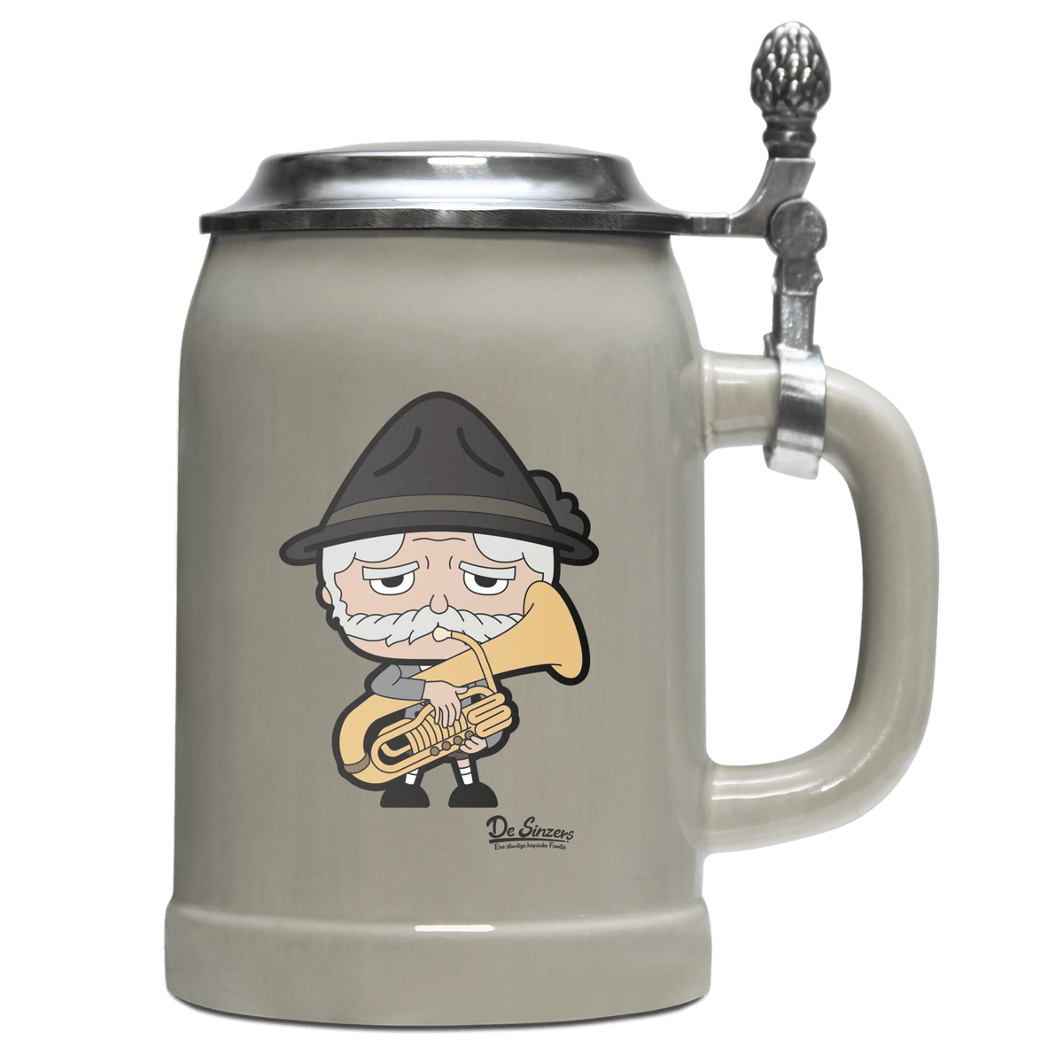 Da Oid Sinzer Musikinstrumente Bierkrug 500ml Grau mit Deckel Hocheck Front