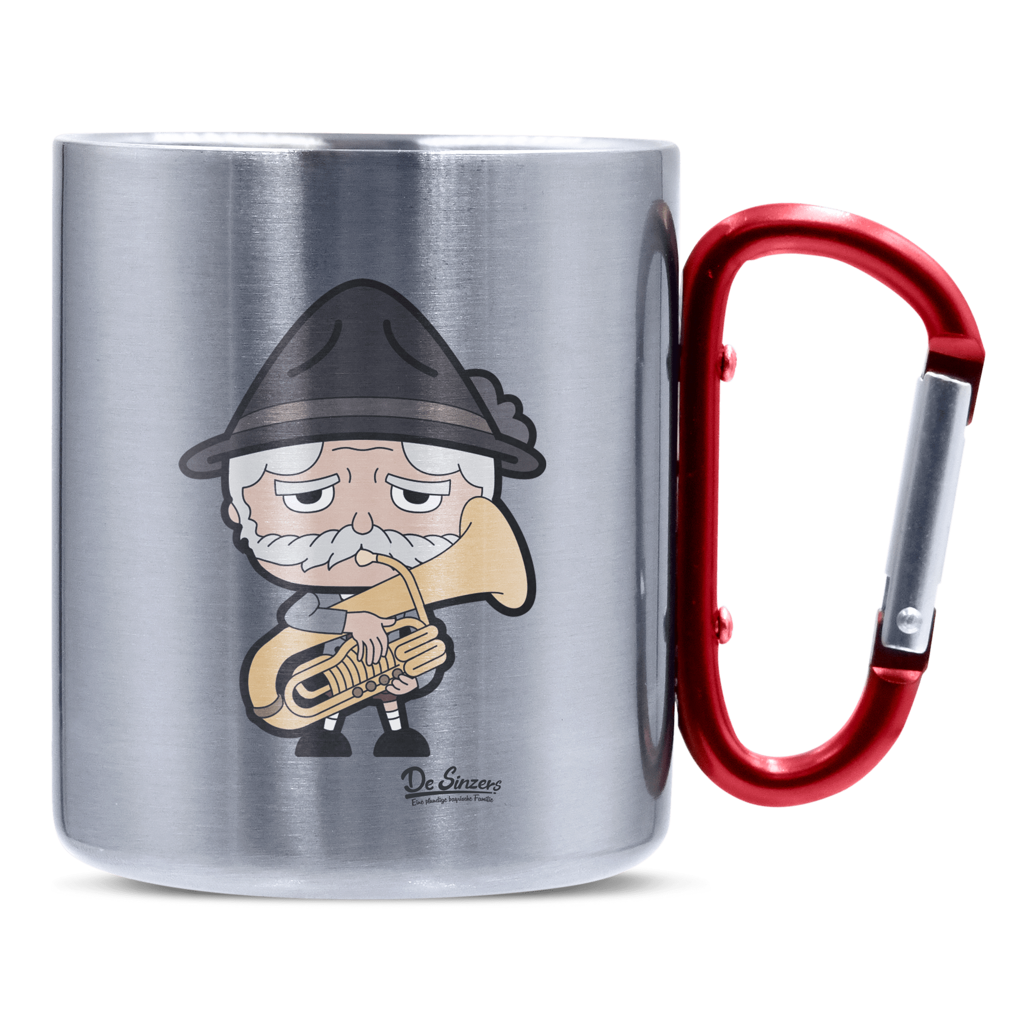 Da Oid Sinzer Musikinstrumente Edelstahl Kaffeetasse roter Karabiner 320ml Kitzstein Front