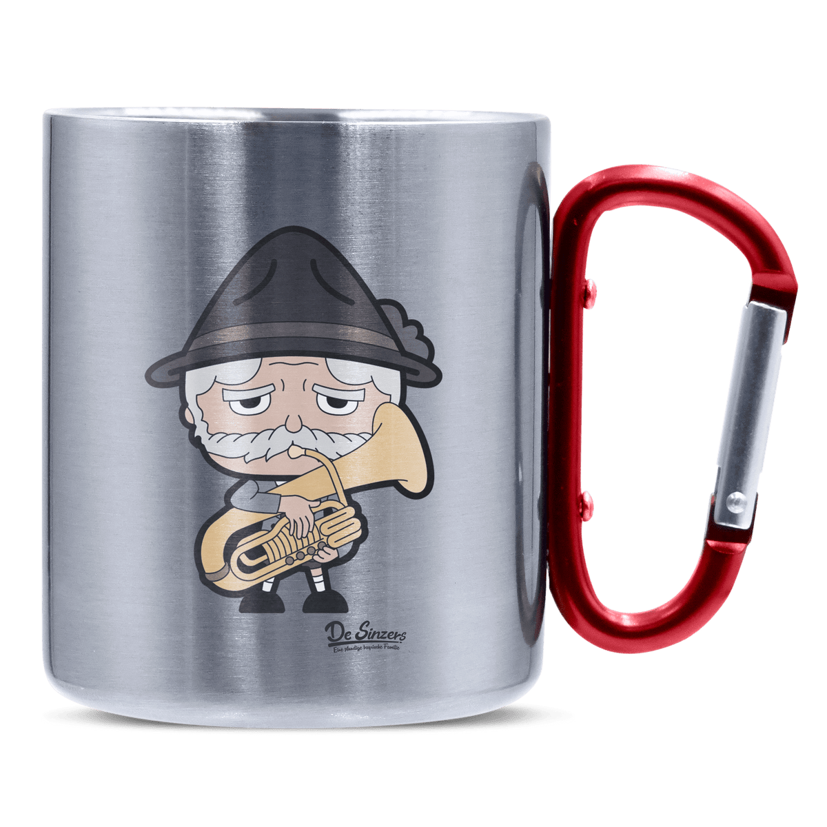 Da Oid Sinzer Musikinstrumente Edelstahl Kaffeetasse roter Karabiner 320ml Kitzstein Front