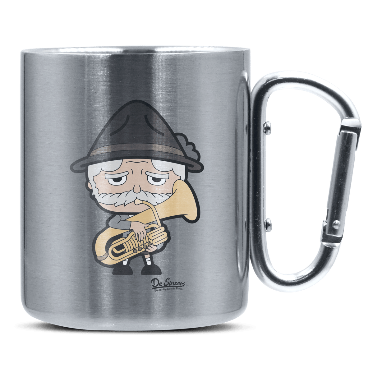 Da Oid Sinzer Musikinstrumente Edelstahl Kaffeetasse silberer Karabiner 320ml Grosser Traithen Front