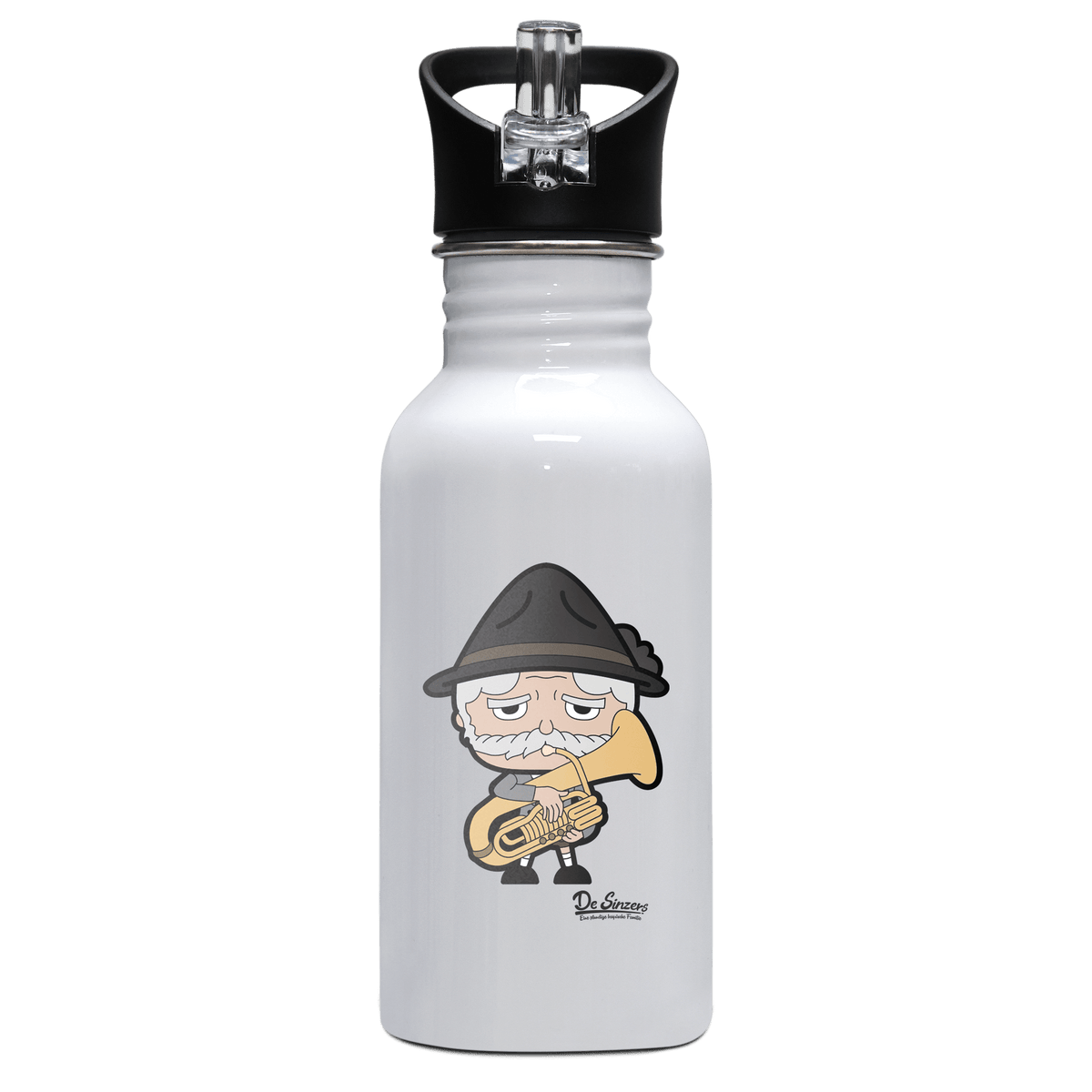 Da Oid Sinzer Musikinstrumente Edelstahl Trinkflasche mit klappbarem Mundstueck 500ml Weiss Rotwand Front