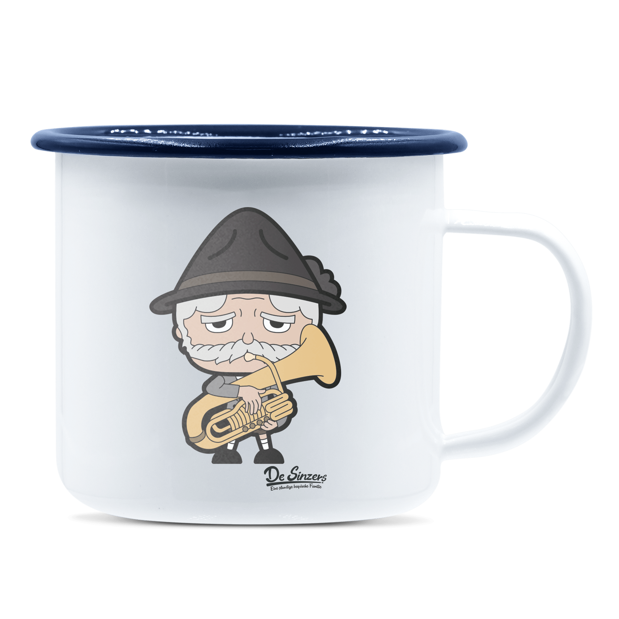 Da Oid Sinzer Musikinstrumente Emaille Tasse 375ml Weiss Blau Heuberg Front