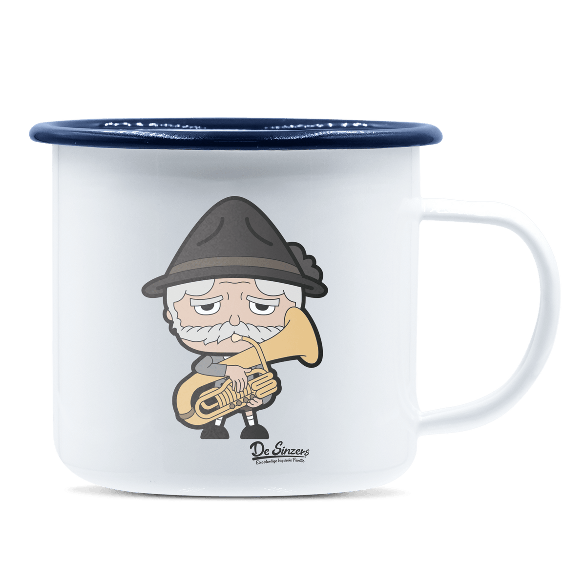 Da Oid Sinzer Musikinstrumente Emaille Tasse 375ml Weiss Blau Heuberg Front