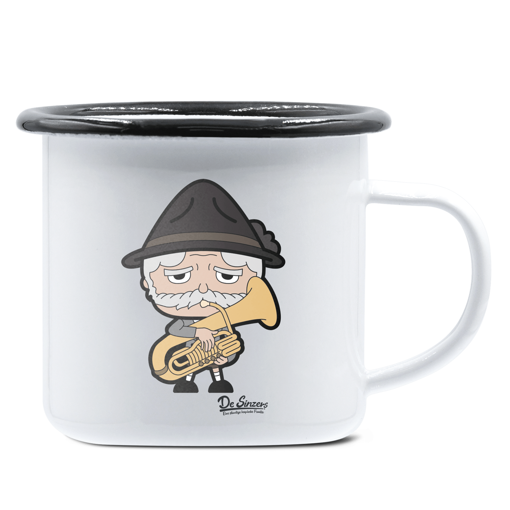 Da Oid Sinzer Musikinstrumente Emaille Tasse 375ml Weiss Schwarz Hochries Front