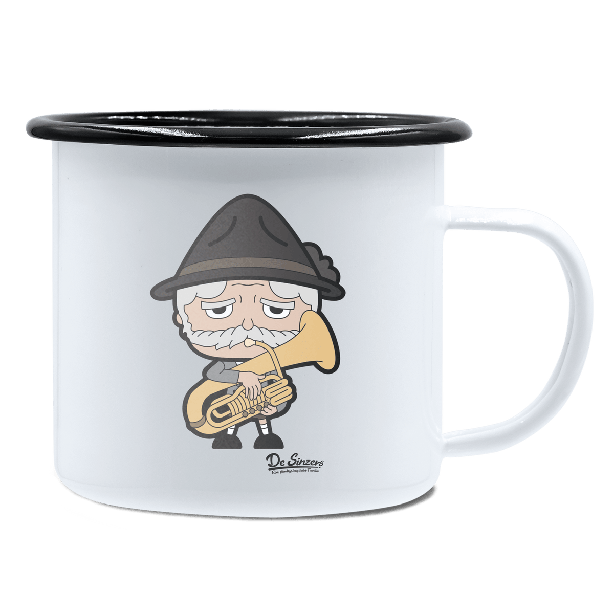 Da Oid Sinzer Musikinstrumente Emaille Tasse 450ml Weiss Schwarz Spitzstein Front