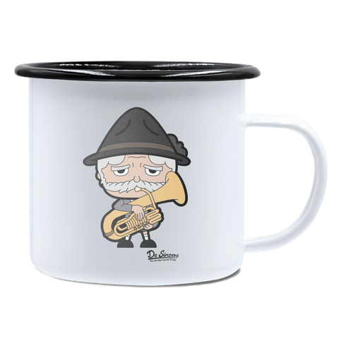 Da Oid Sinzer Musikinstrumente Emaille Tasse 450ml Weiss Schwarz Spitzstein Front