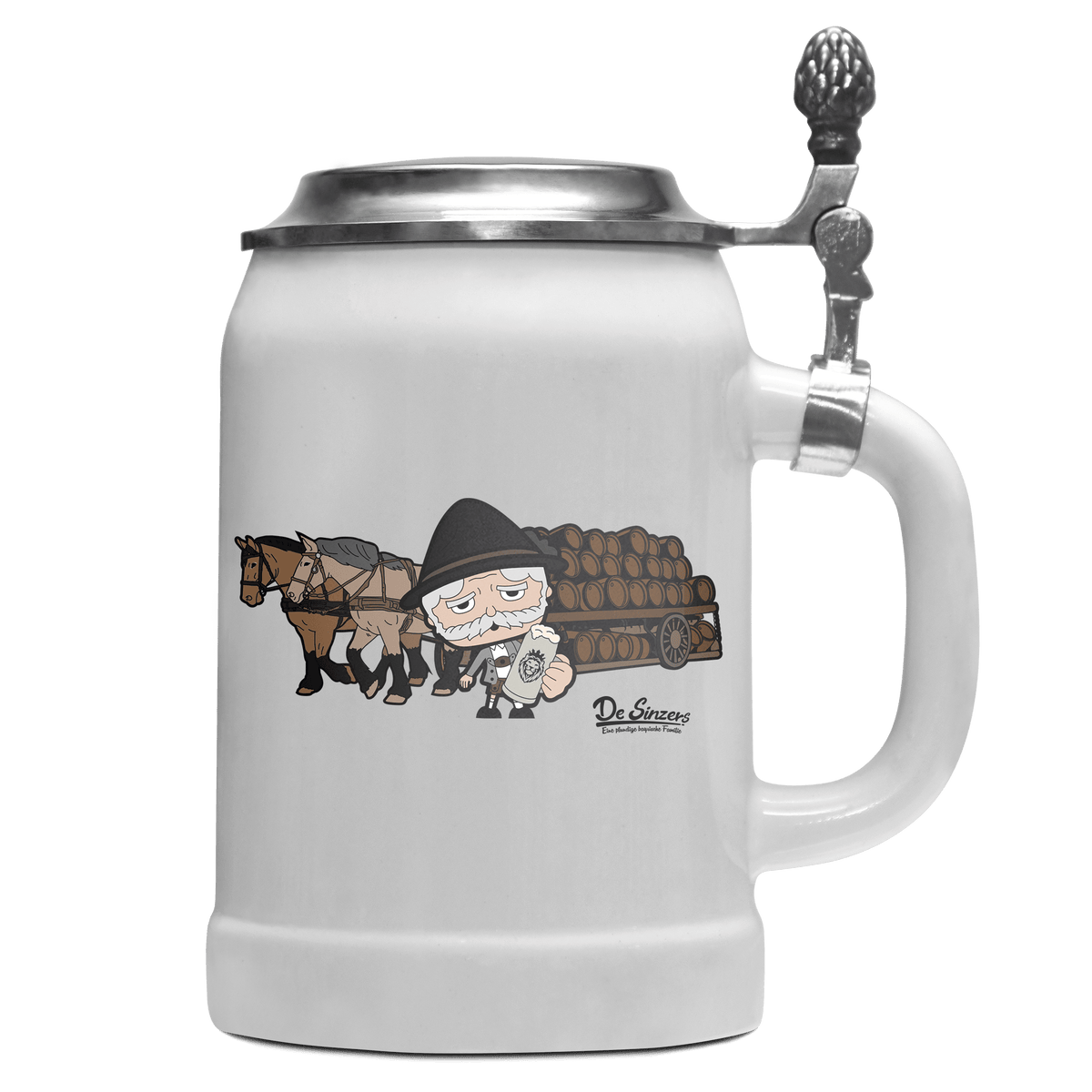 Da Oid Sinzer Pferdegespann Bierkrug 500ml Weiss mit Deckel Wetterspitzen Front