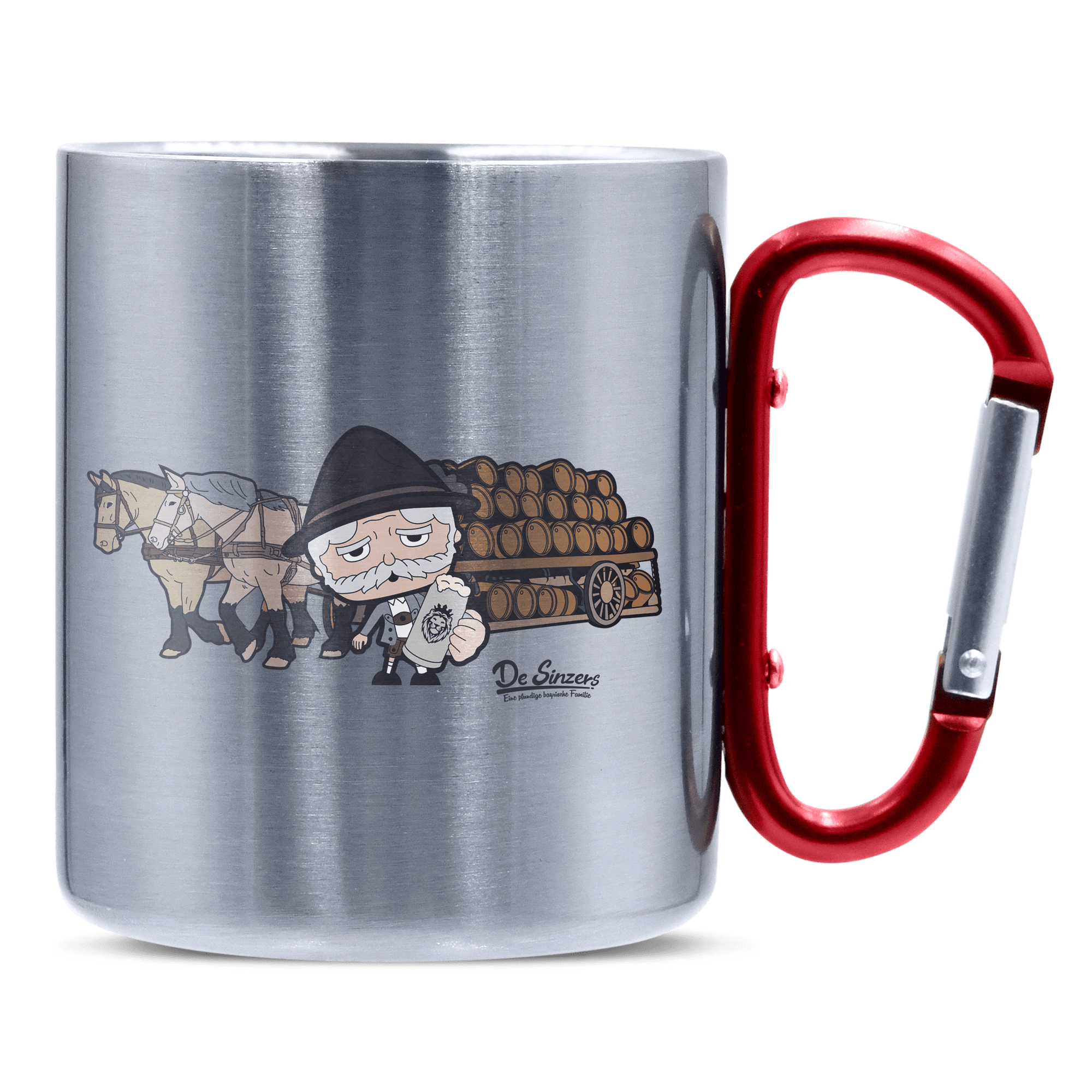 Da Oid Sinzer Pferdegespann Edelstahl Kaffeetasse roter Karabiner 320ml Kitzstein Front