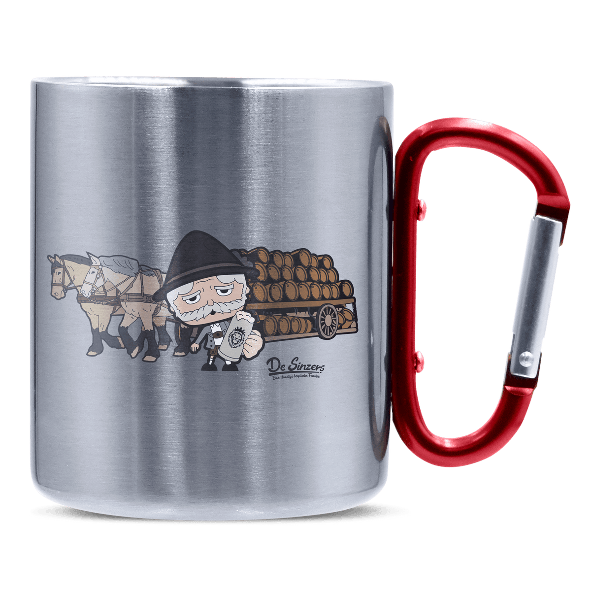 Da Oid Sinzer Pferdegespann Edelstahl Kaffeetasse roter Karabiner 320ml Kitzstein Front