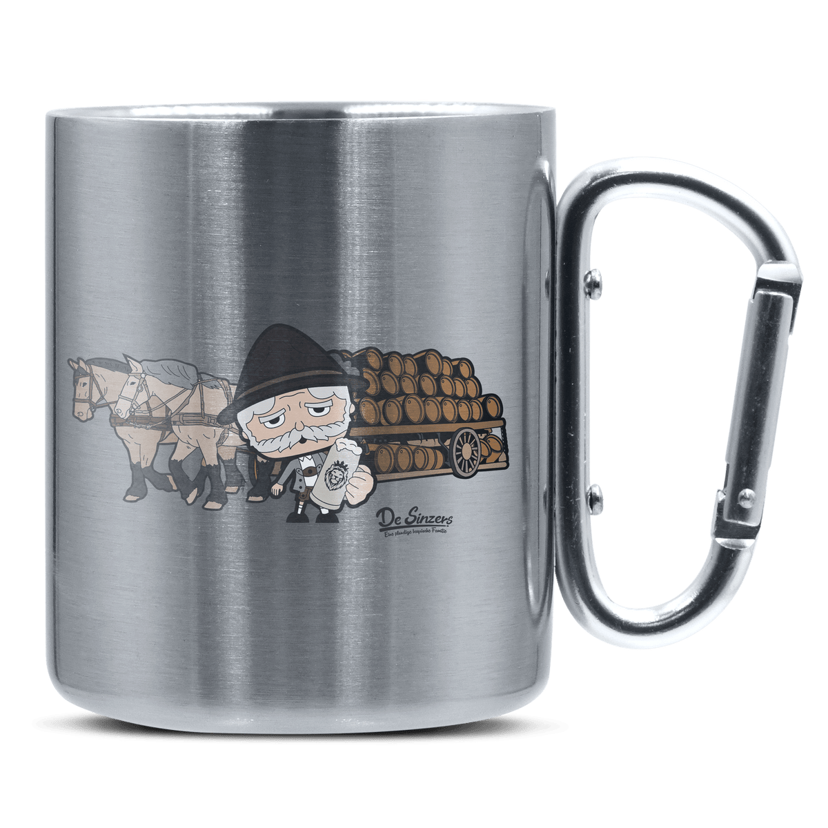 Da Oid Sinzer Pferdegespann Edelstahl Kaffeetasse silberer Karabiner 320ml Grosser Traithen Front