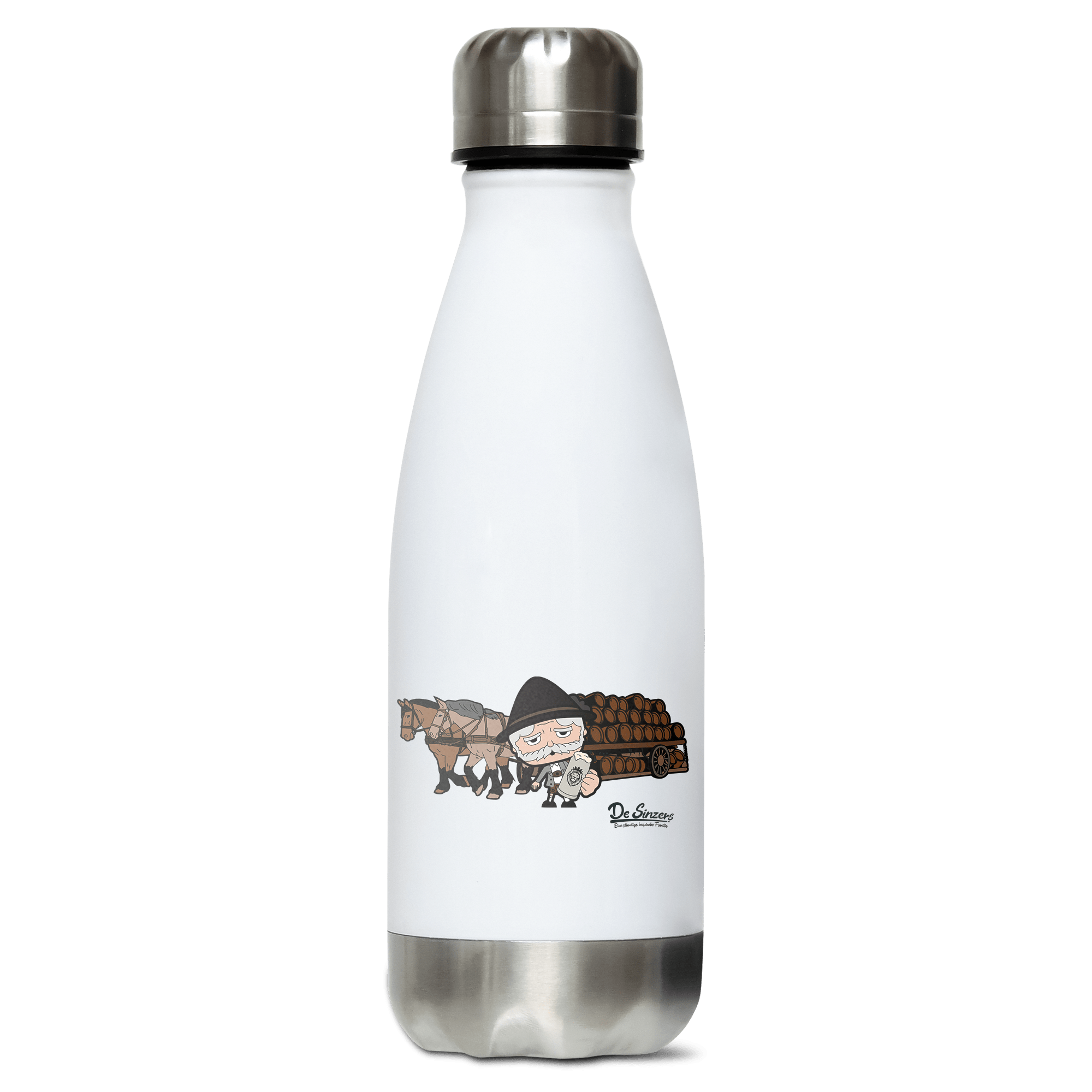Da Oid Sinzer Pferdegespann Edelstahl Thermoflasche 350ml Weiss Silber Kreuzspitze Front
