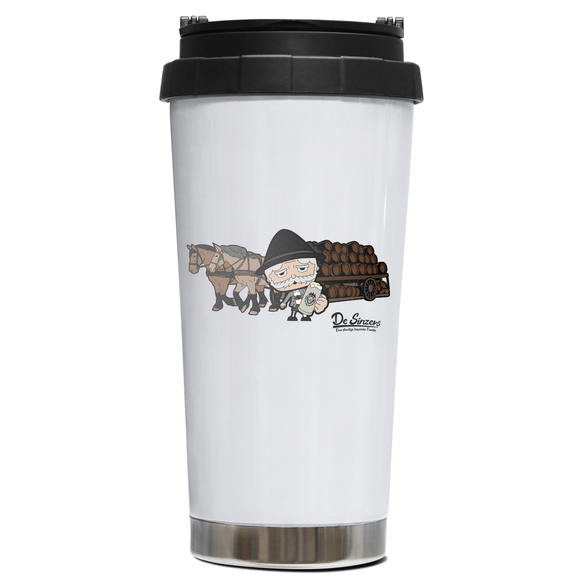 Da Oid Sinzer Pferdegespann Edelstahl Trinkbecher To Go 470ml Weiss Wildbarren Front