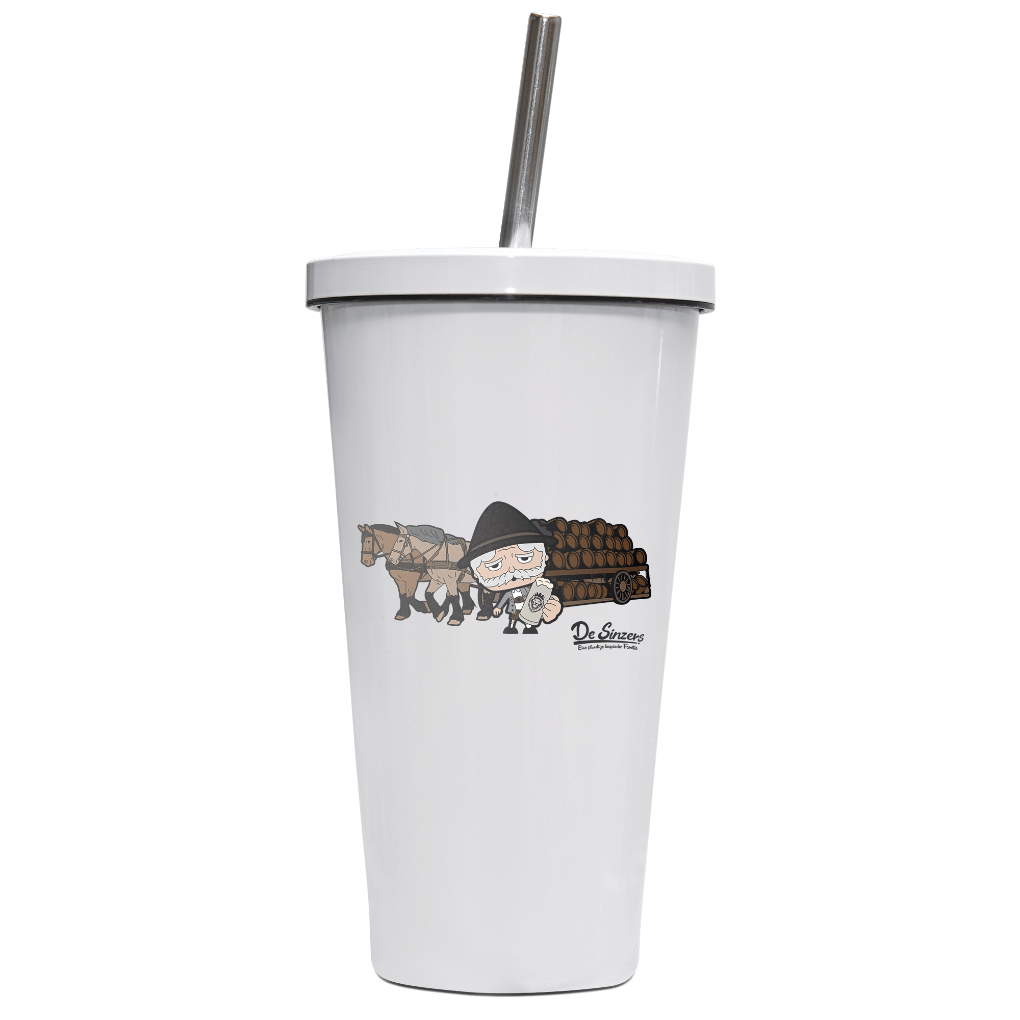 Da Oid Sinzer Pferdegespann Edelstahl Trinkbecher mit Strohhalm 480ml Weiss Krottenkopf Front