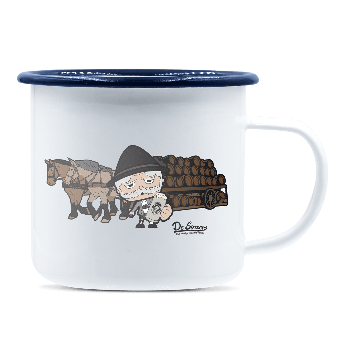 Da Oid Sinzer Pferdegespann Emaille Tasse 375ml Weiss Blau Heuberg Front