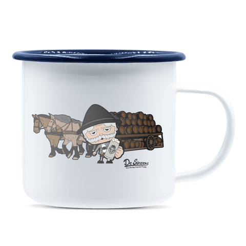 Da Oid Sinzer Pferdegespann Emaille Tasse 375ml Weiss Blau Heuberg Front