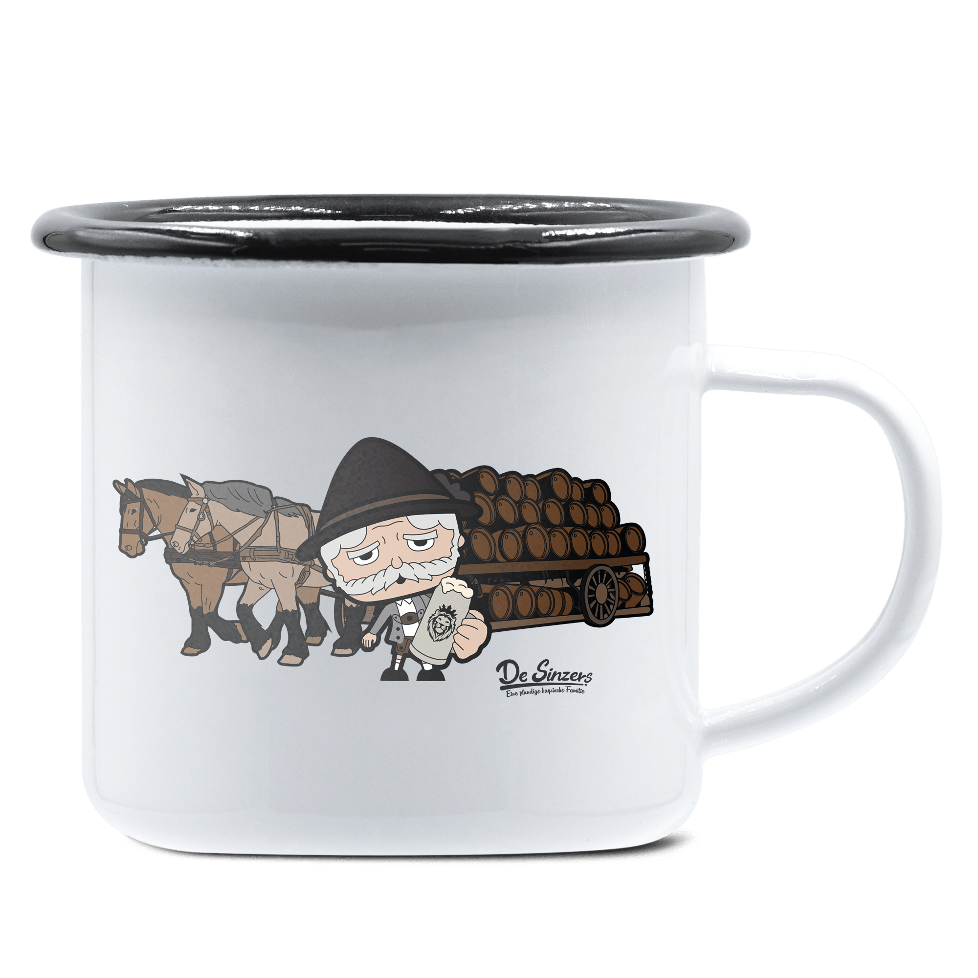 Da Oid Sinzer Pferdegespann Emaille Tasse 375ml Weiss Schwarz Hochries Front